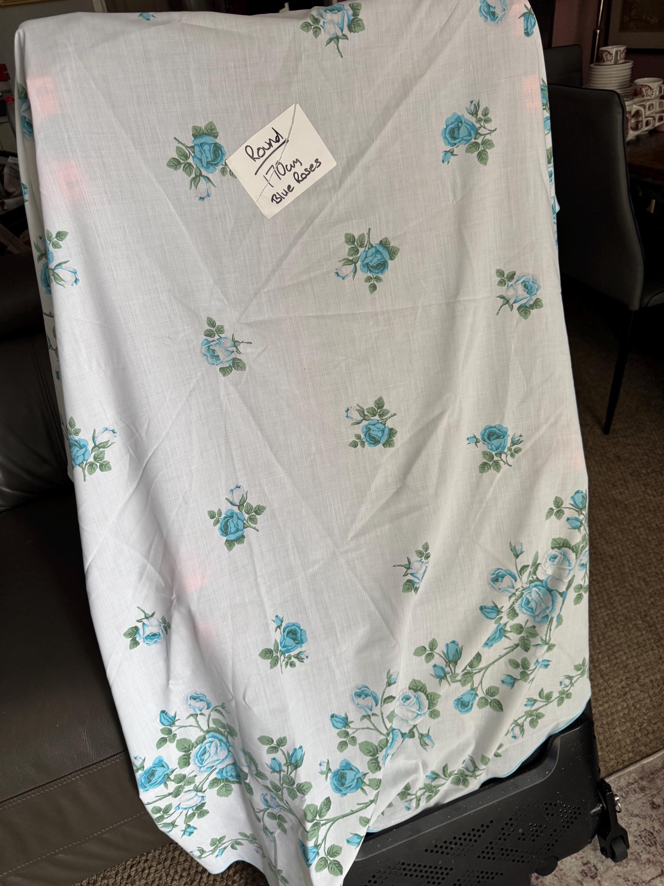 Large 170cm round Retro Vintage tablecloth, white with printed blue roses , cottage floral tablecloth