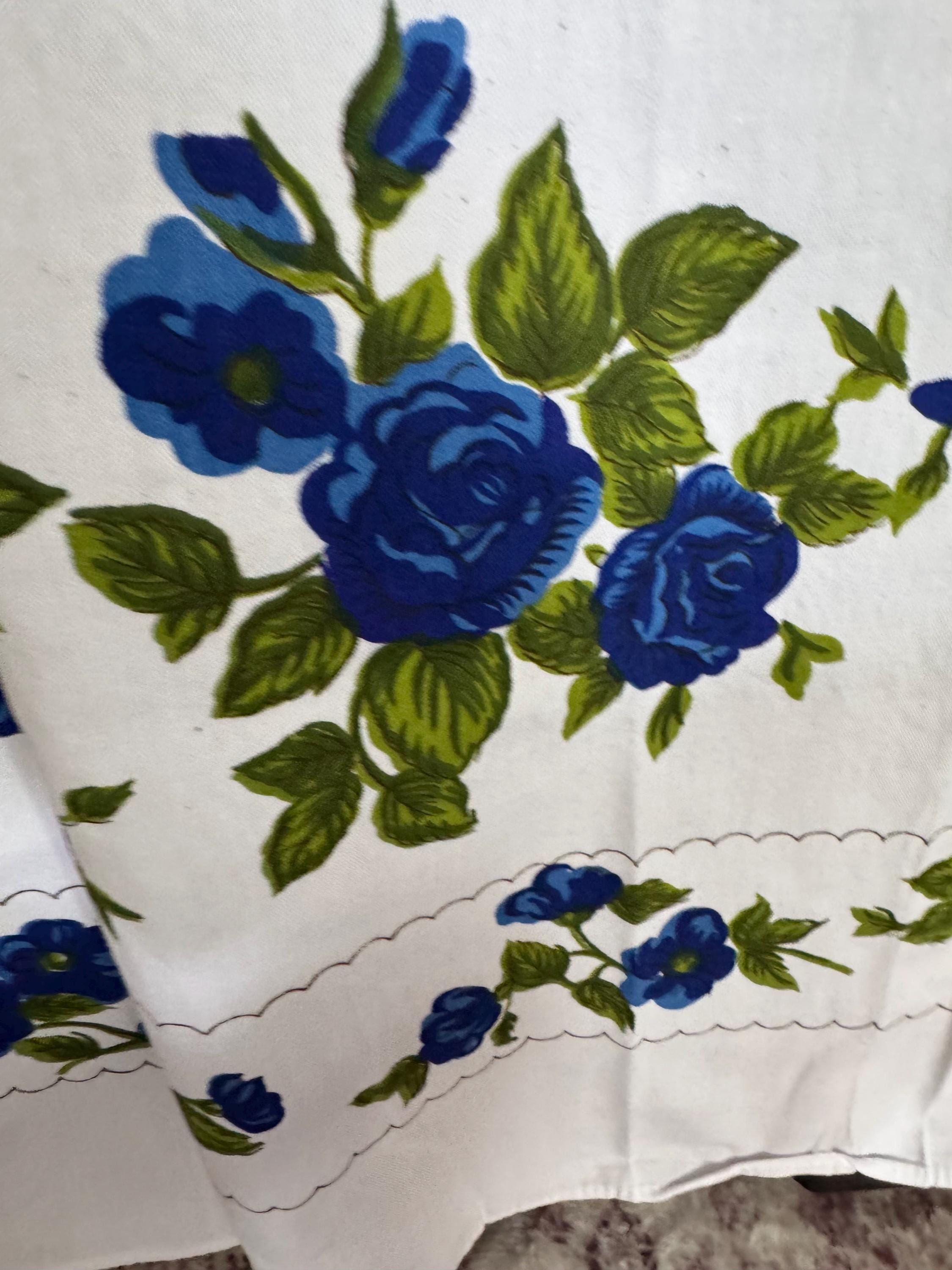 Large 168 x 127cm rectangular Vintage linen tablecloth, white with printed blue roses , cottage floral tablecloth