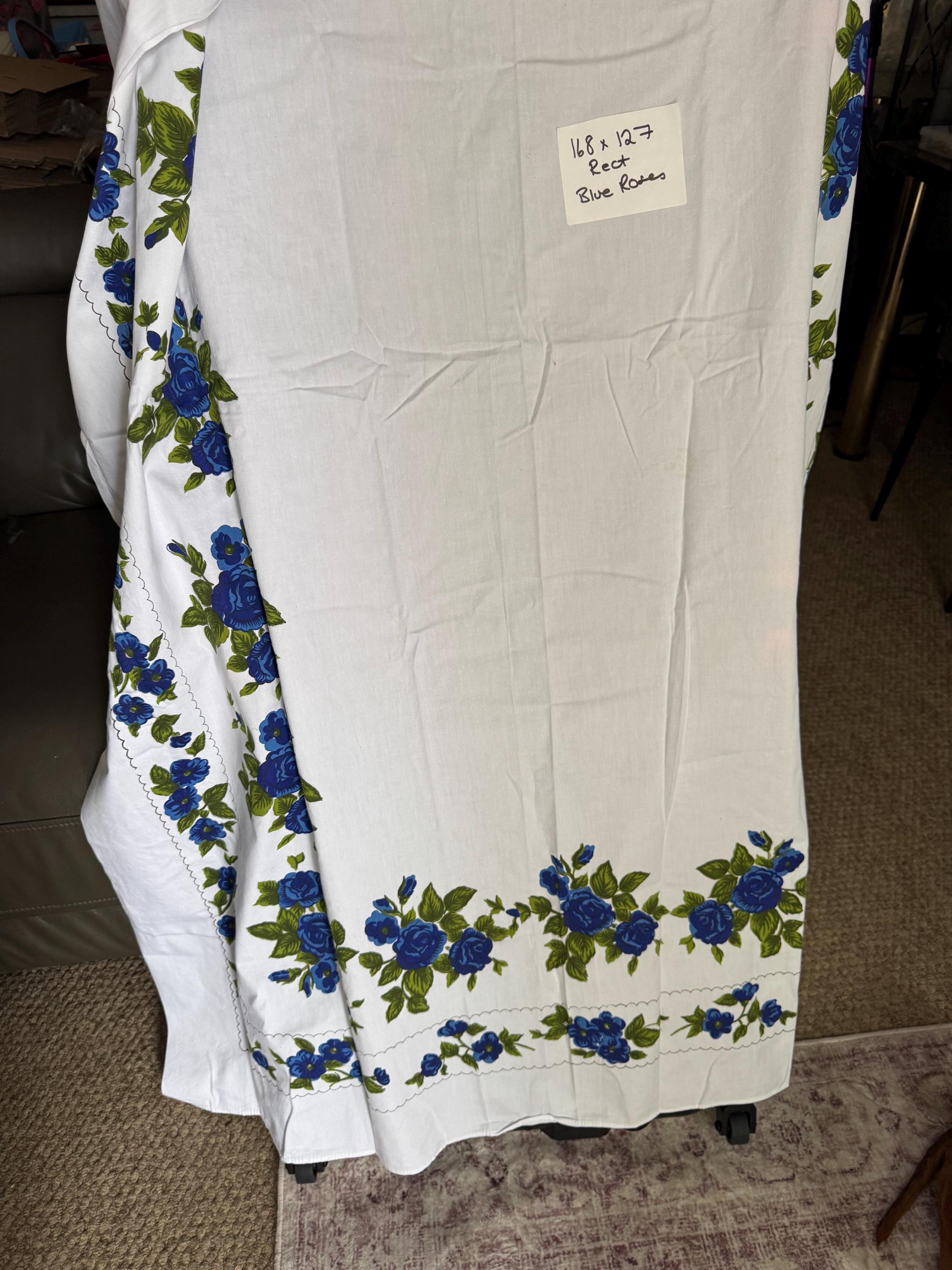 Large 168 x 127cm rectangular Vintage linen tablecloth, white with printed blue roses , cottage floral tablecloth