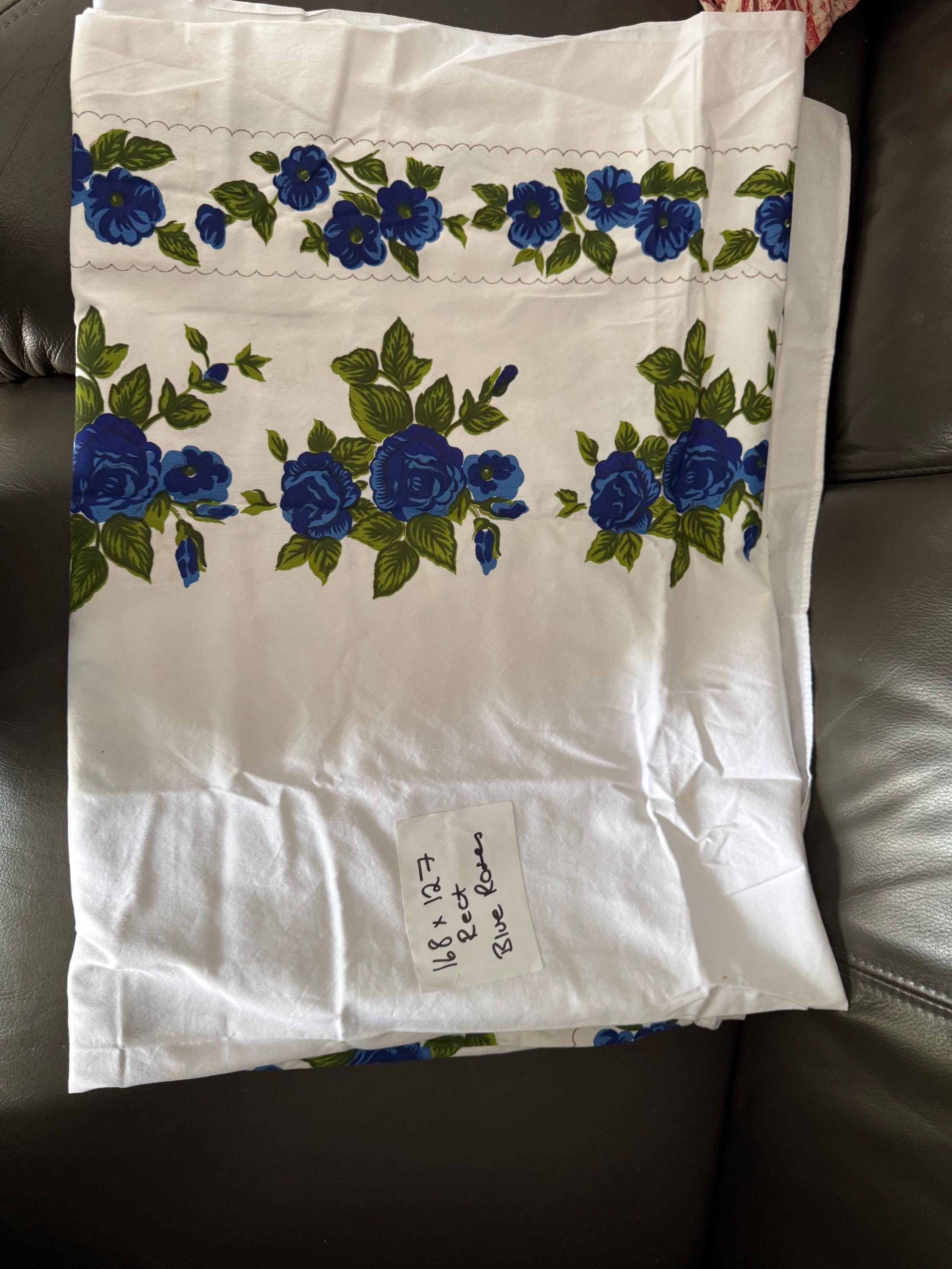Large 168 x 127cm rectangular Vintage linen tablecloth, white with printed blue roses , cottage floral tablecloth