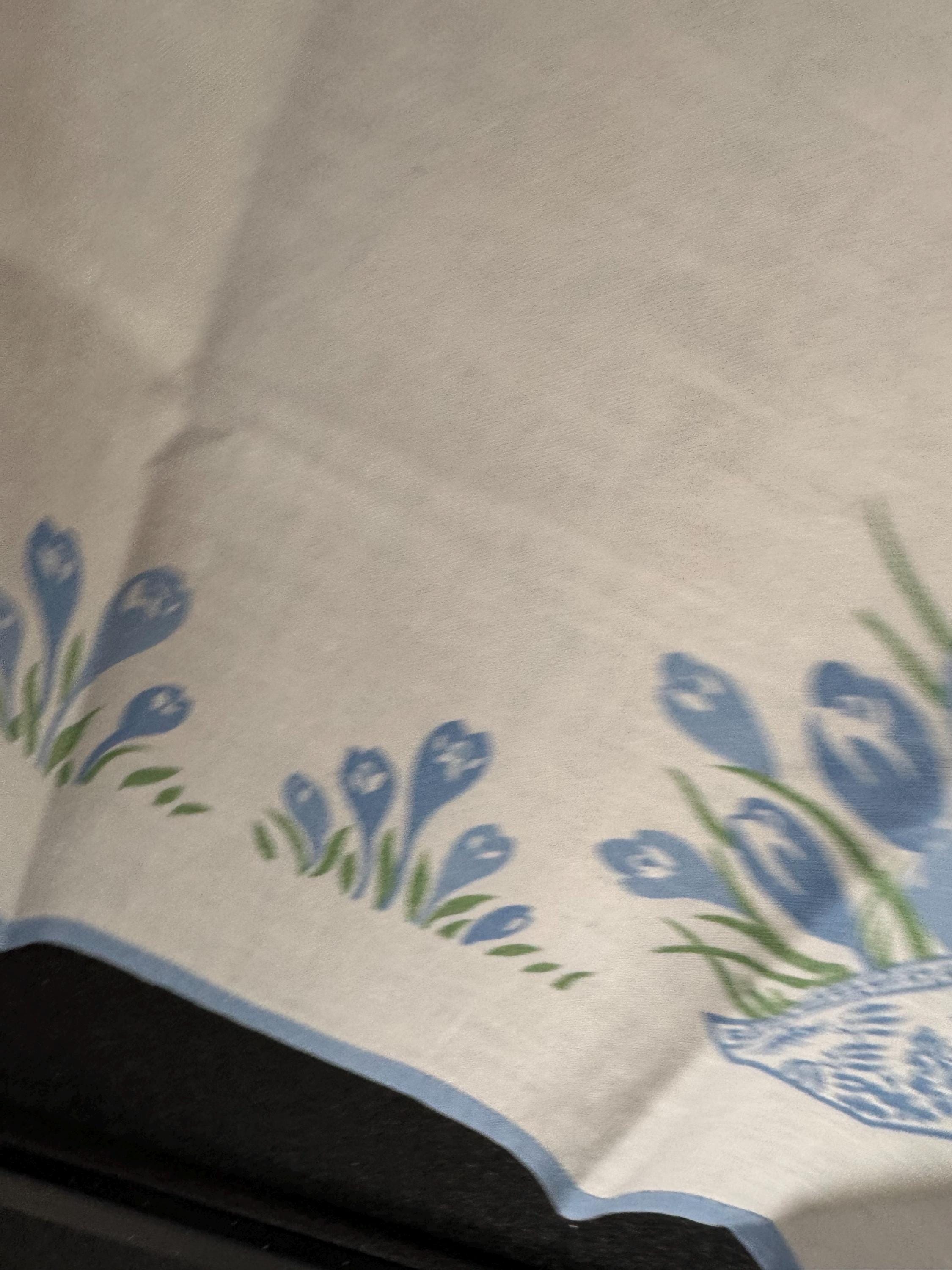 80cm square vintage white linen cotton tablecloth, printed floral tablecloth Chinese design bowl with blue green flowers cottage chateau