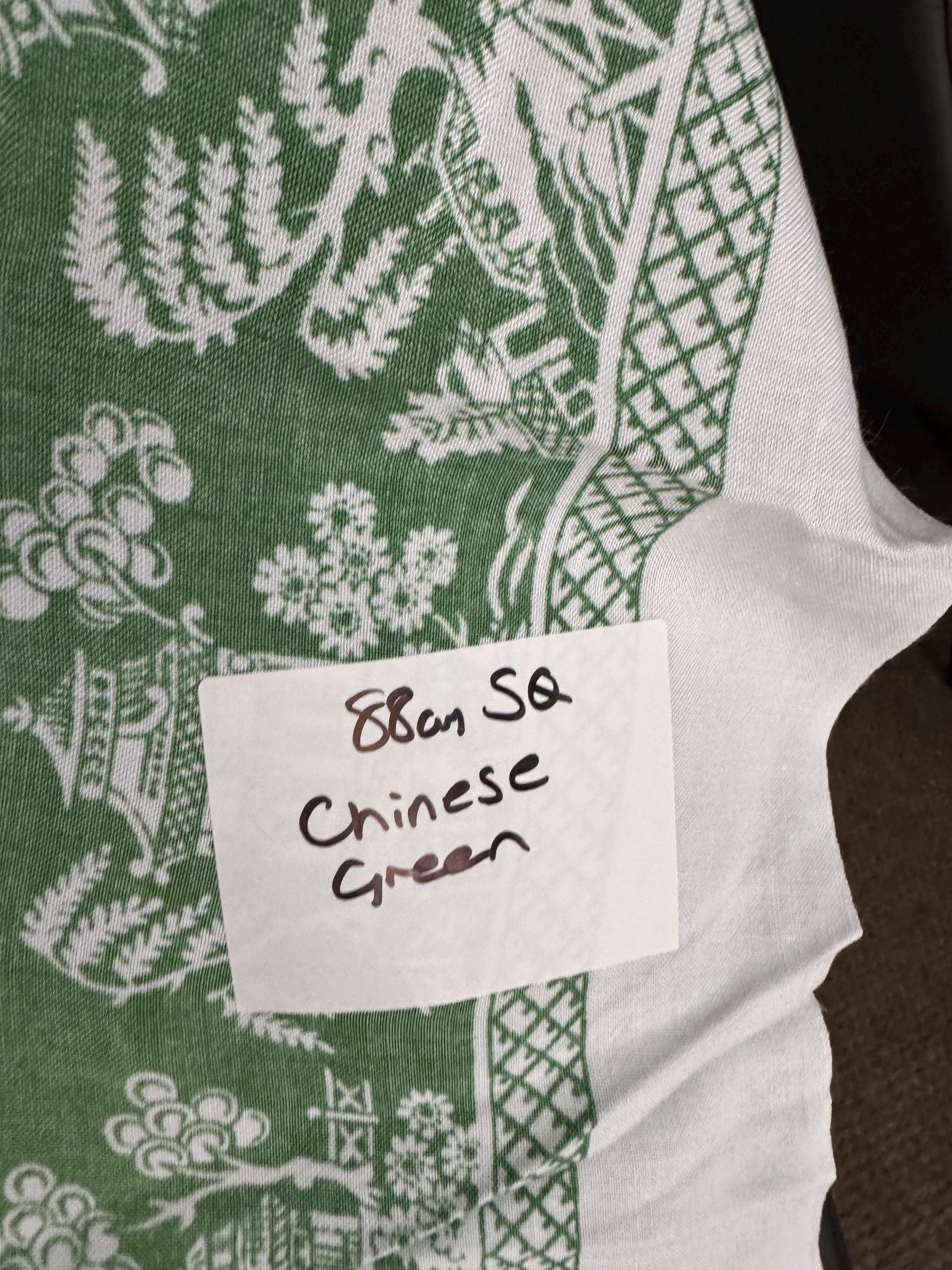 88cm large vintage linen cotton printed tablecloth, white with green Chinese pagoda scenes, ideal cottage chateau tearooms