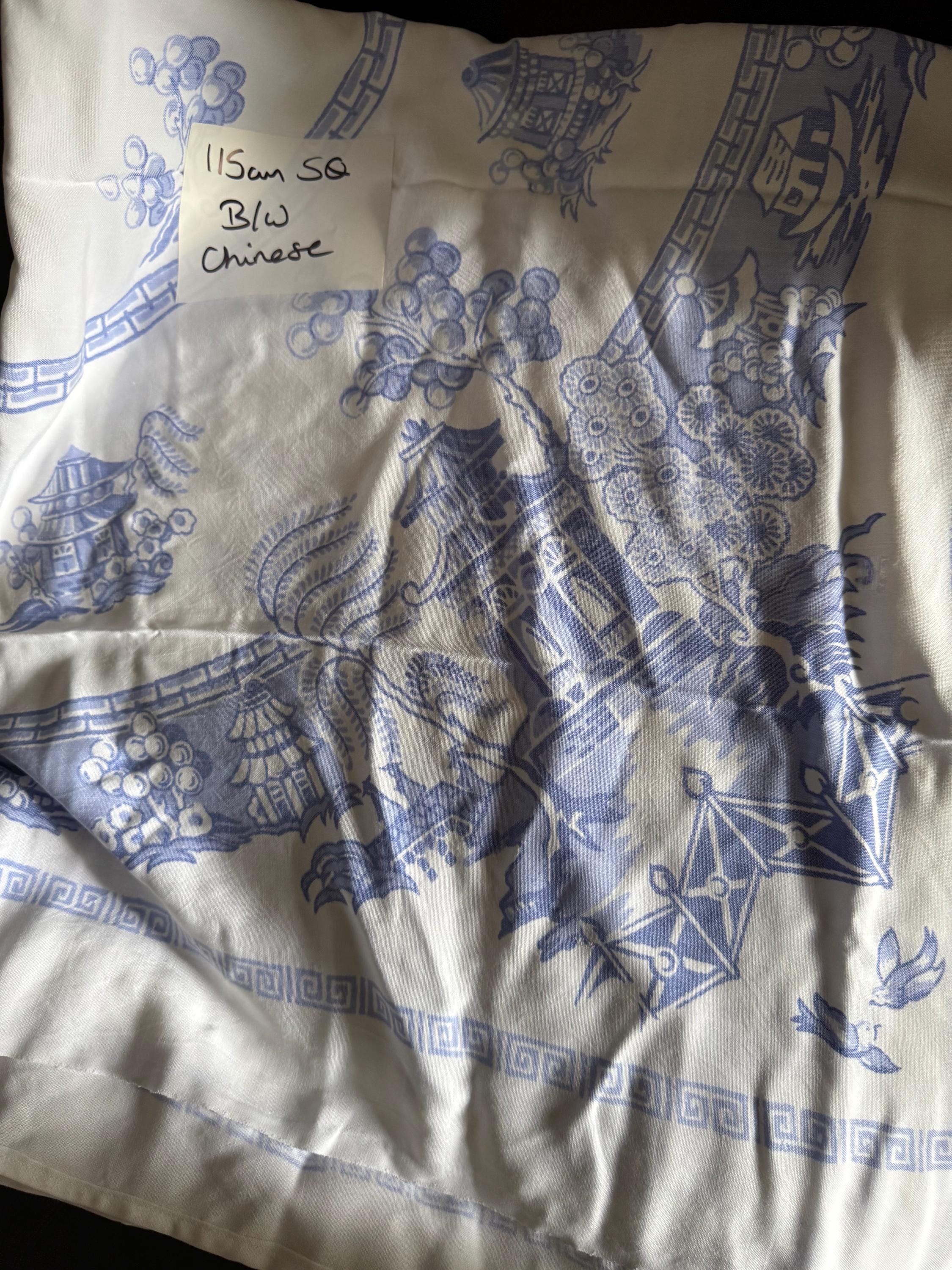Large 115cm square vintage cotton tablecloth, white with a blue Chinese pagoda willow pattern