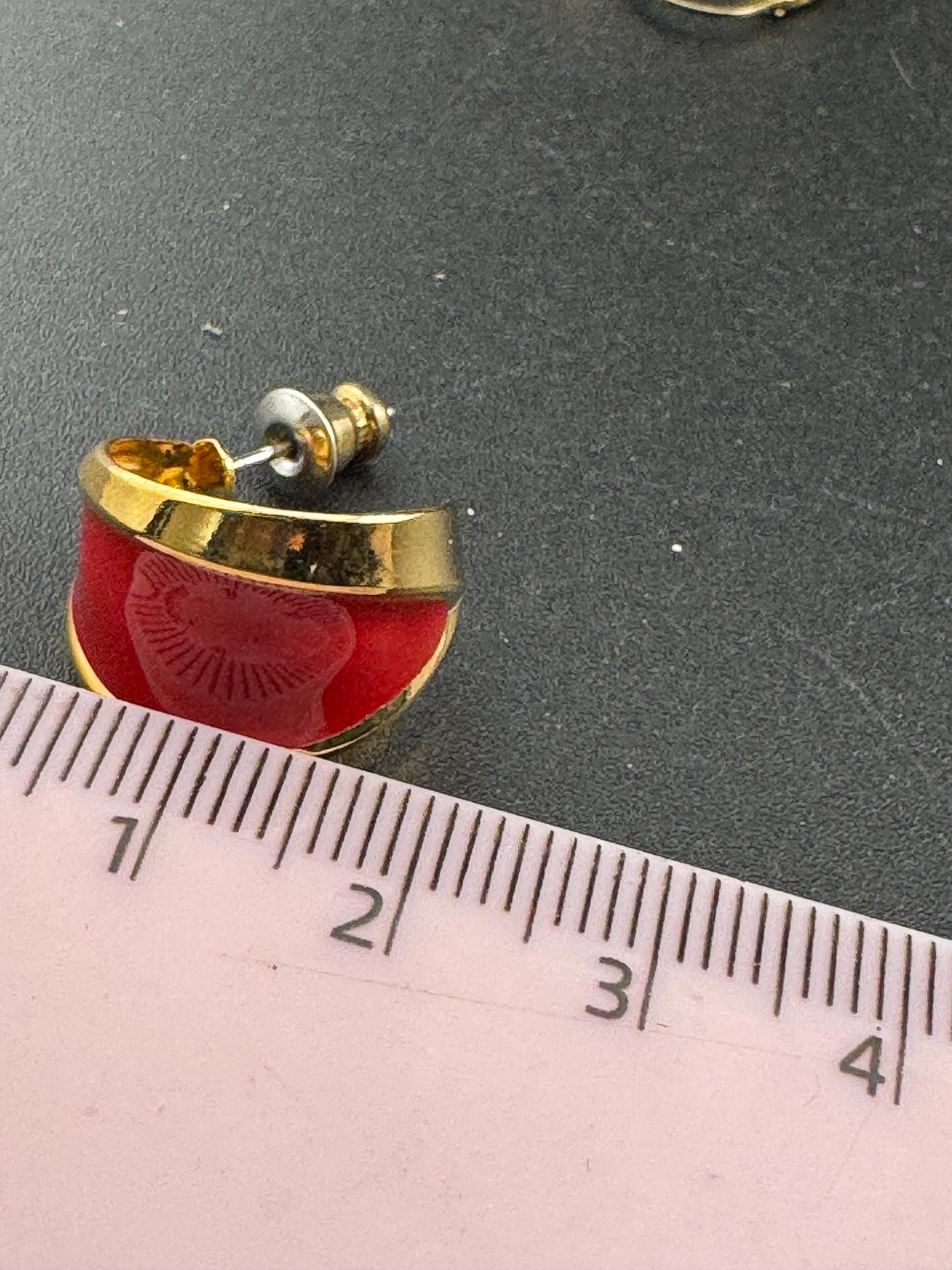 Vintage 18k Gold Plated Red Enamel Hoop Earrings