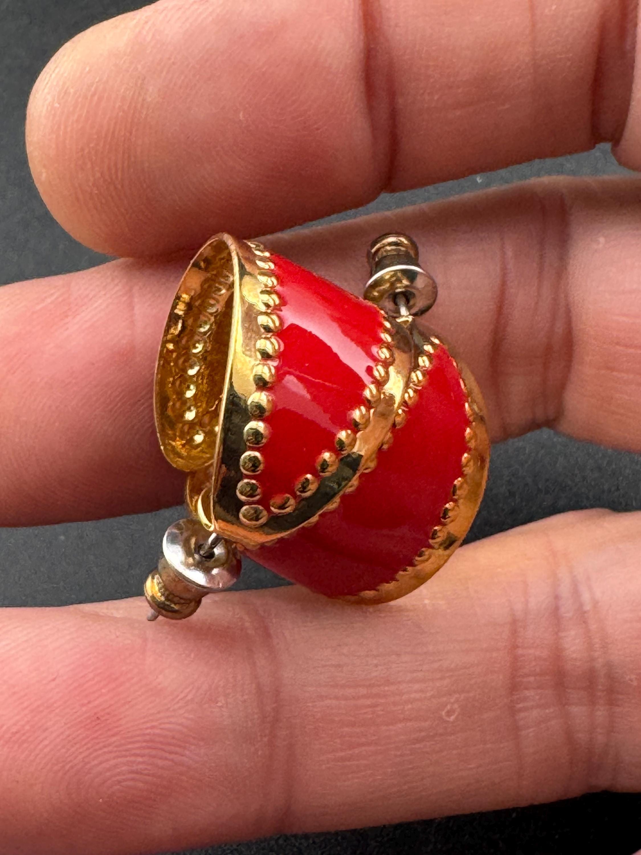 Vintage 18k Gold Plated Red Enamel Hoop Earrings