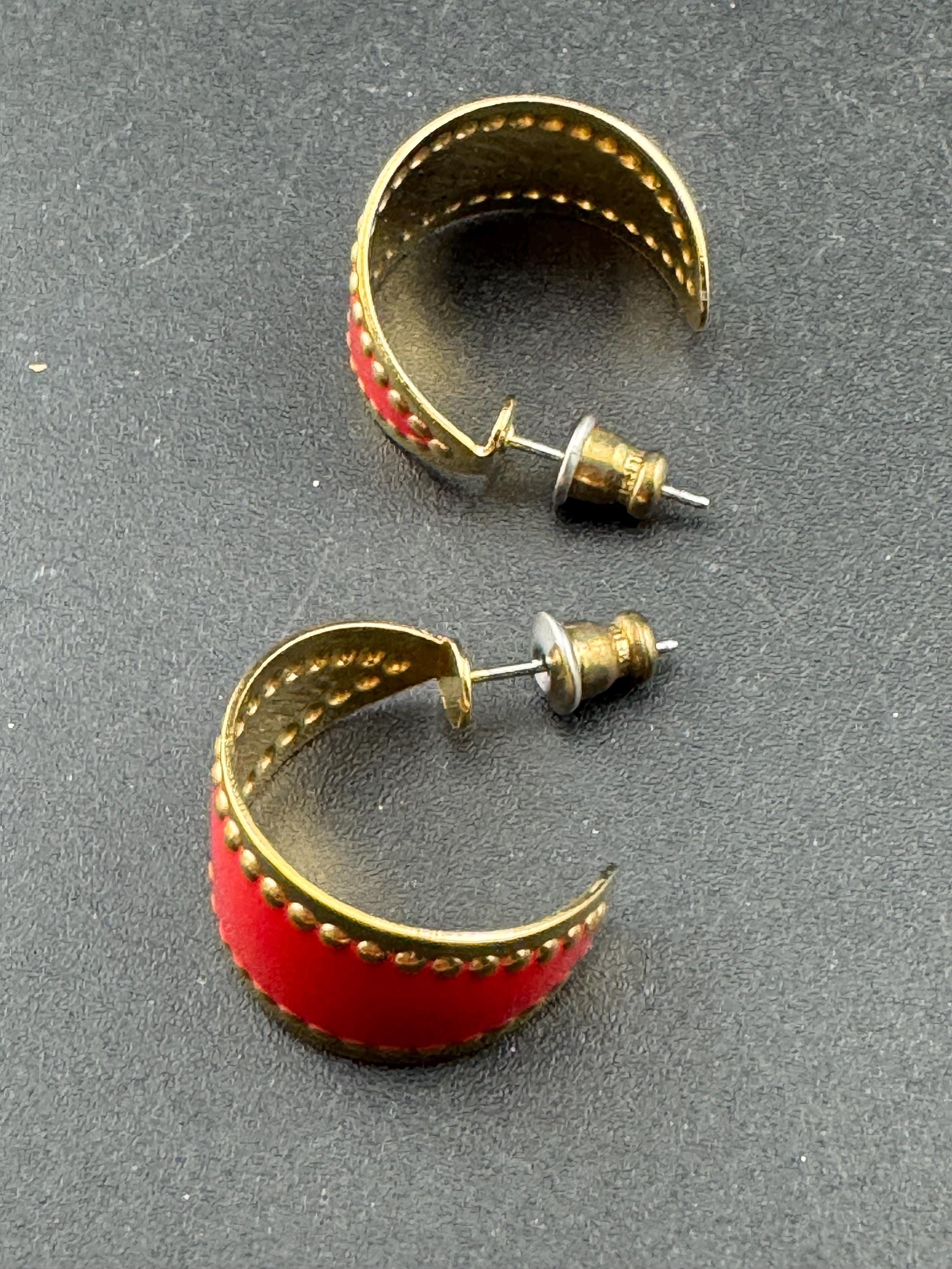 Vintage 18k Gold Plated Red Enamel Hoop Earrings