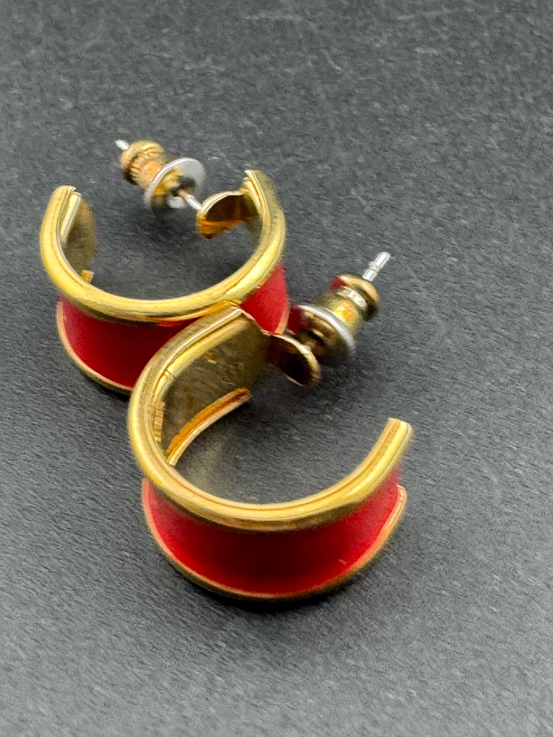 Vintage 18k Gold Plated Red Enamel Half Hoop Earrings
