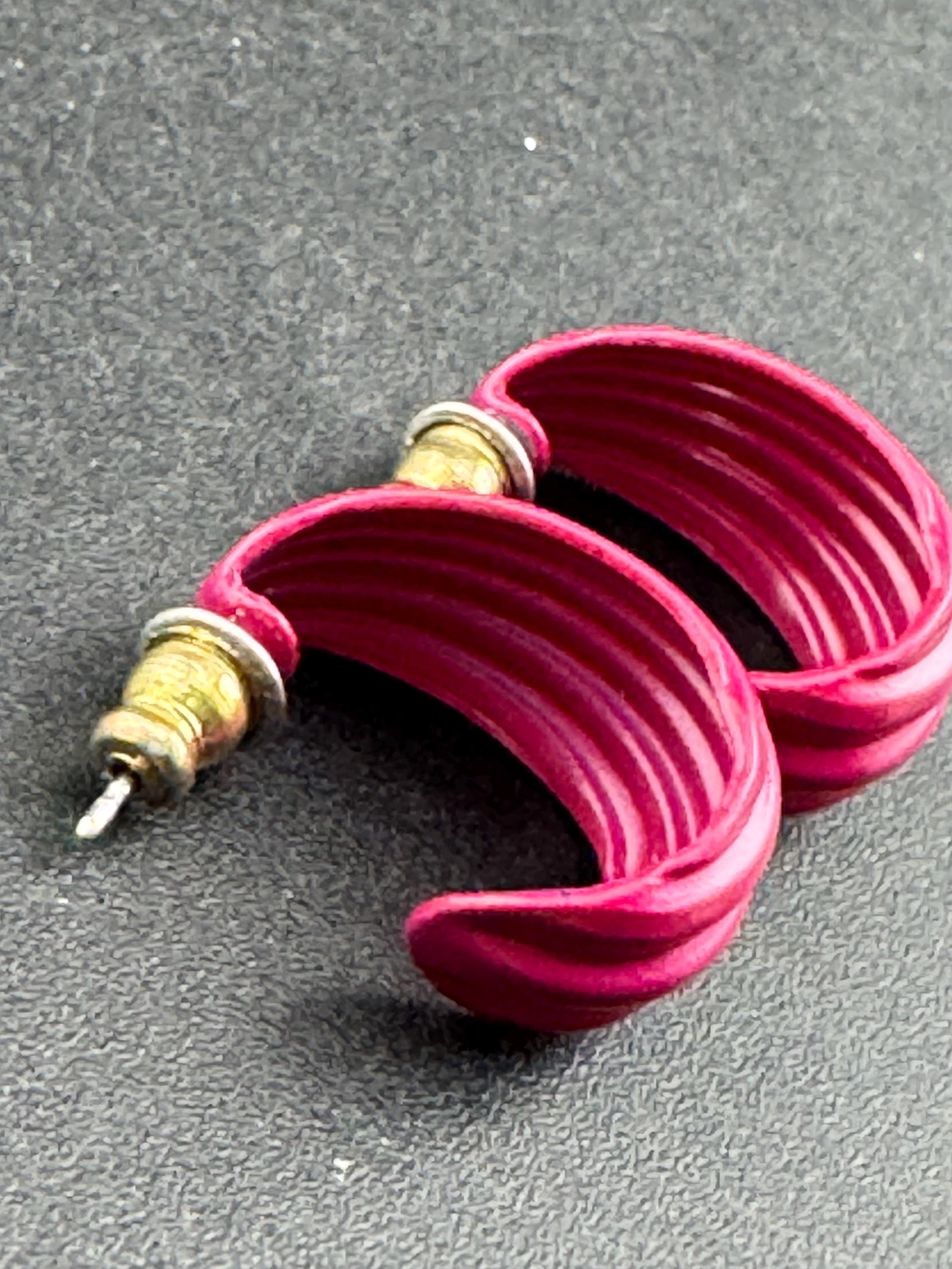 1980s Gold Tone Raspberry Enamel Hoop Stud Earrings