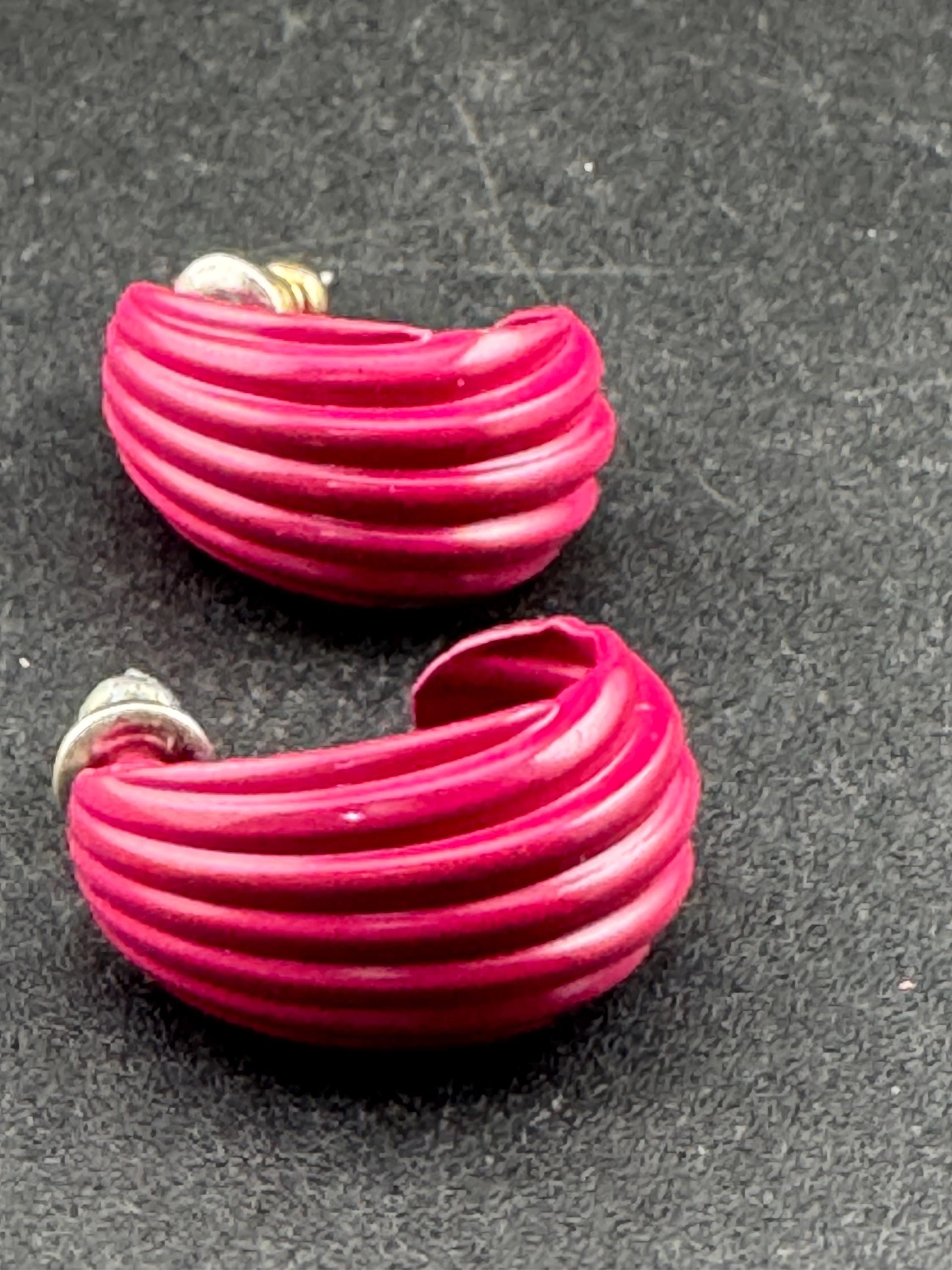 1980s Gold Tone Raspberry Enamel Hoop Stud Earrings