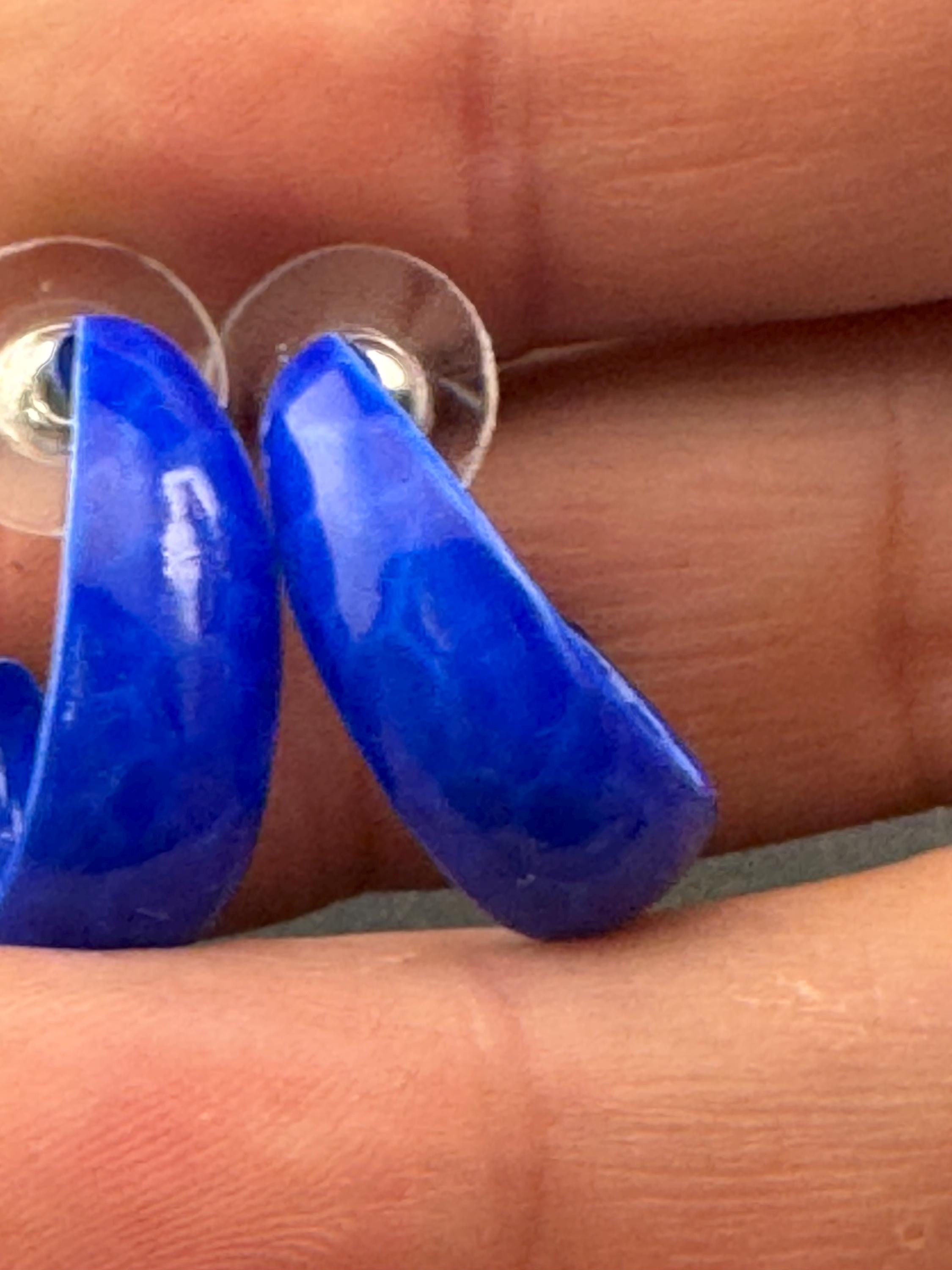 1980s Gold Tone Blue Enamel Half Hoop Earrings