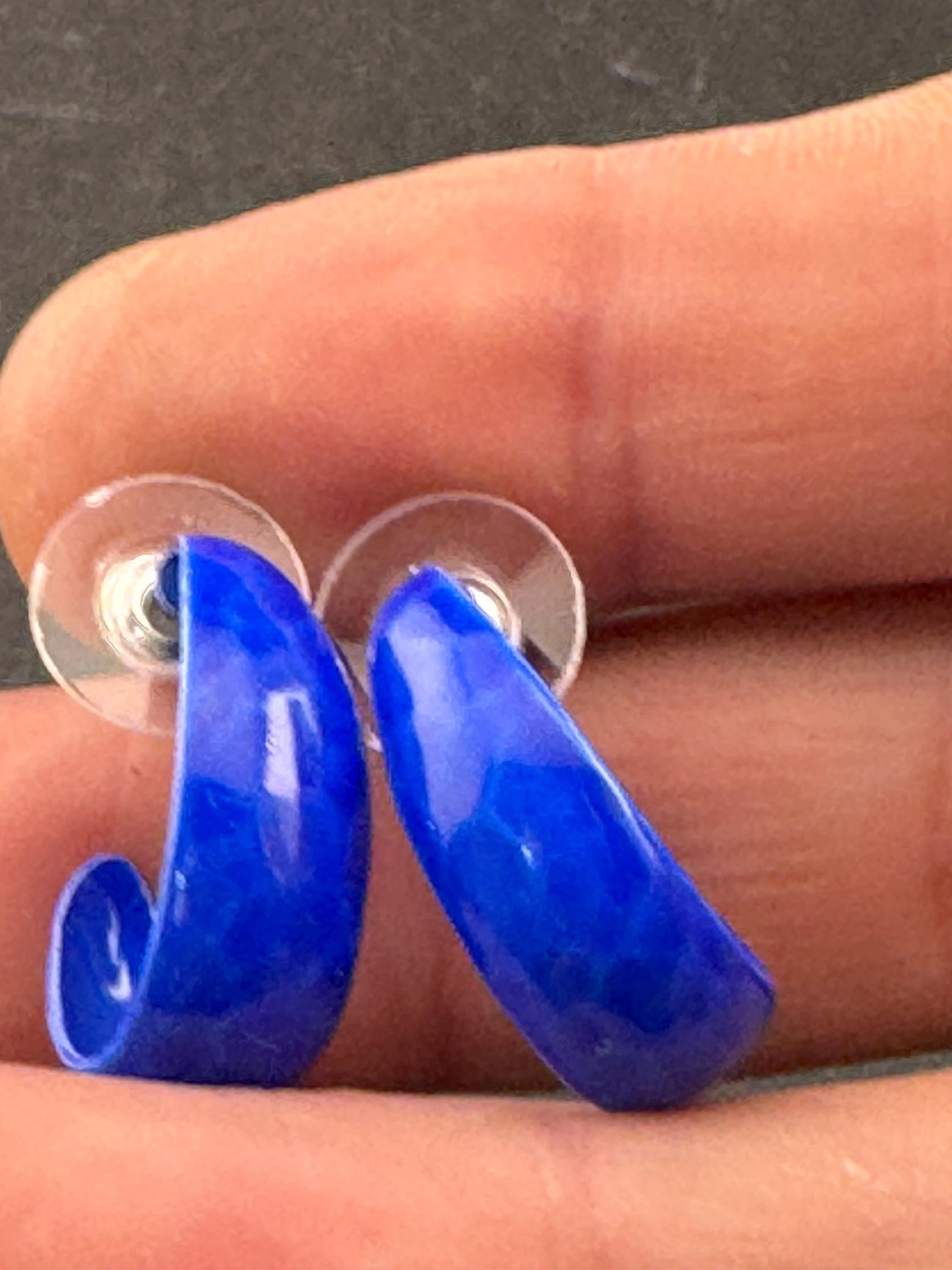 1980s Gold Tone Blue Enamel Half Hoop Earrings