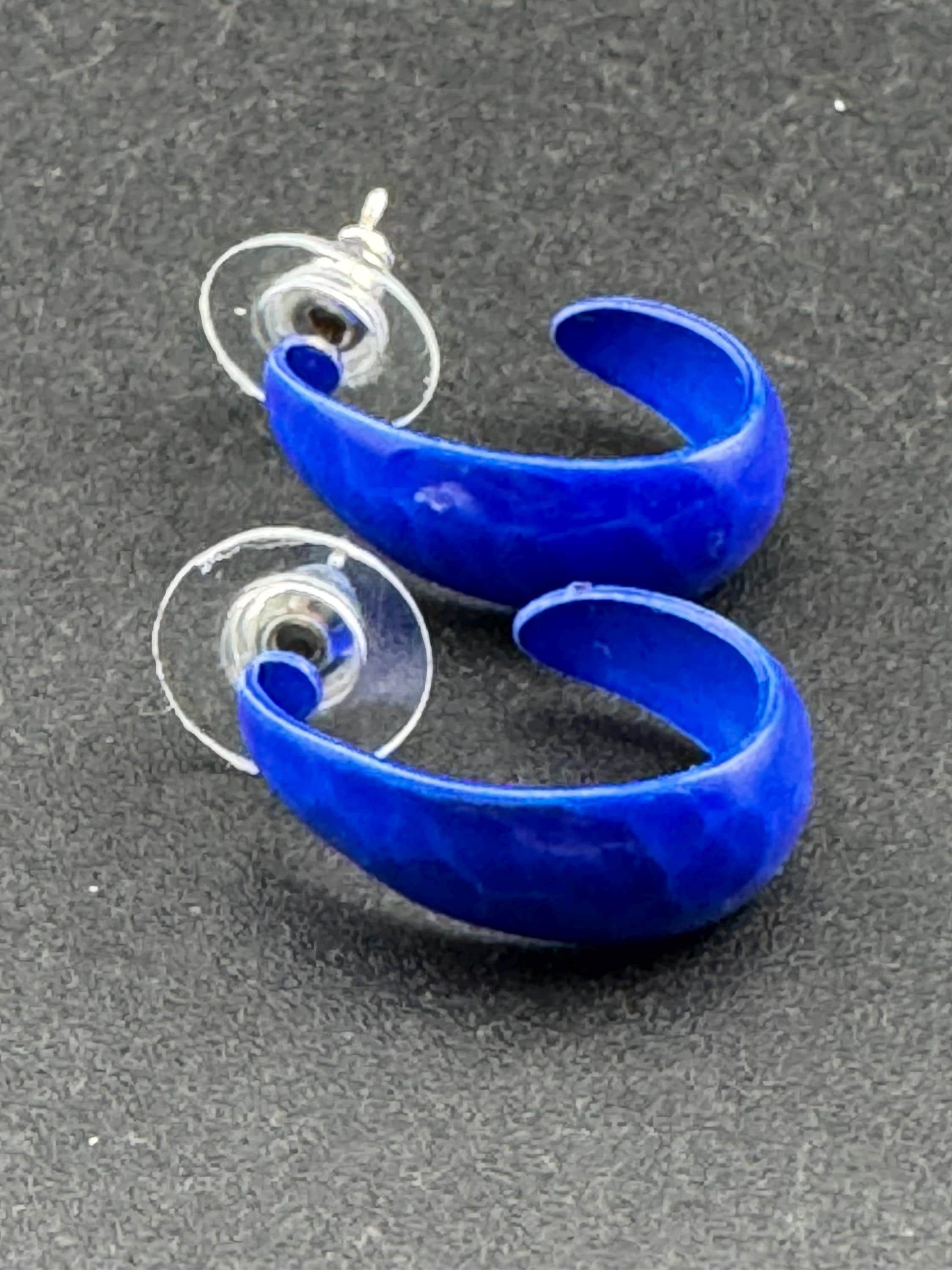 1980s Gold Tone Blue Enamel Half Hoop Earrings