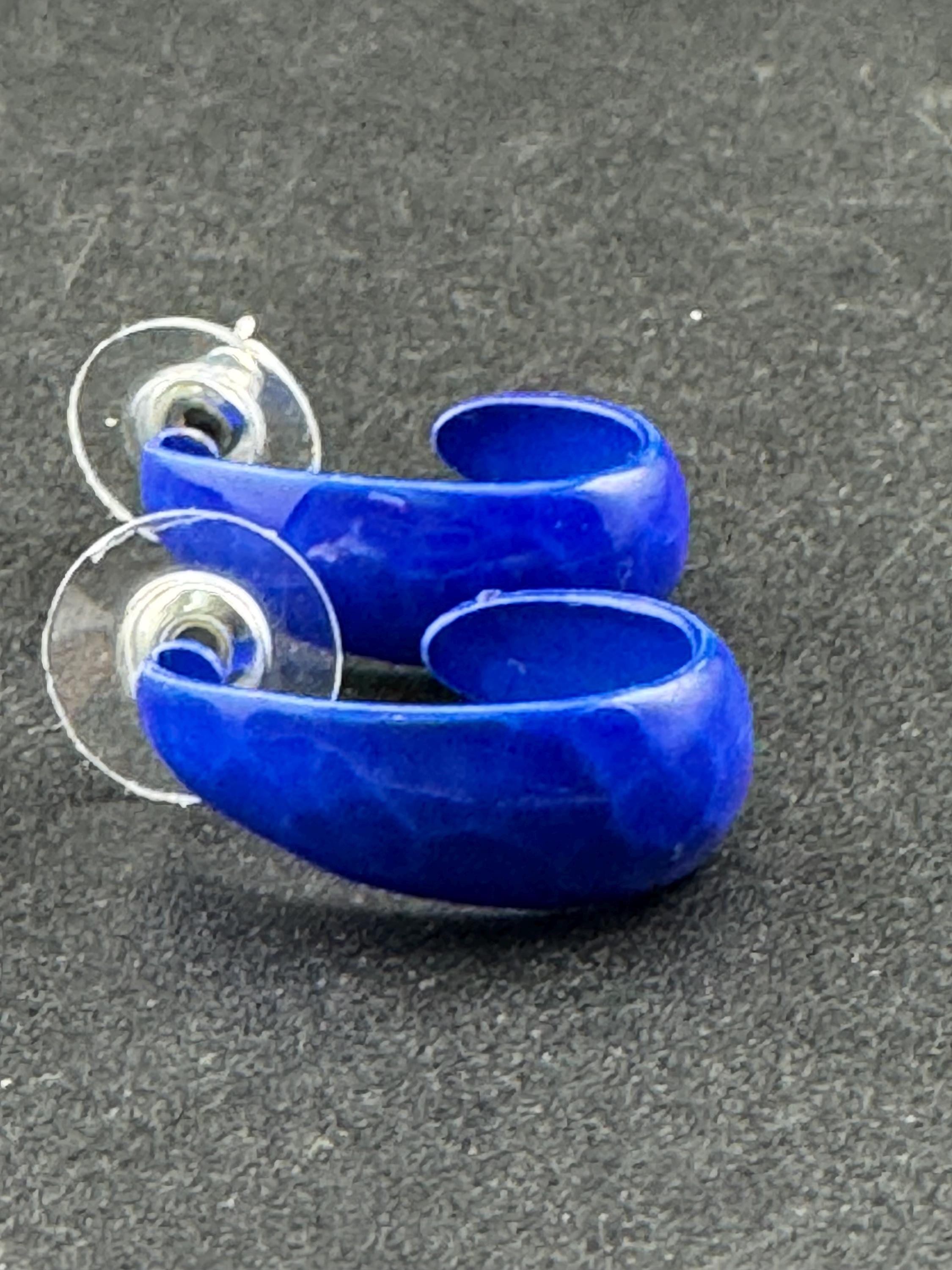 1980s Gold Tone Blue Enamel Half Hoop Earrings