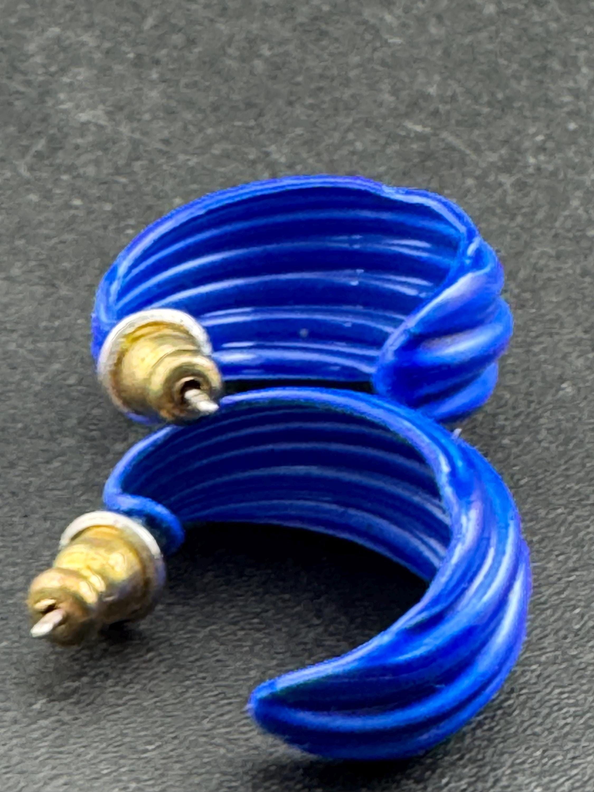 1980s Gold Tone Blue Enamel Half Hoop Earrings
