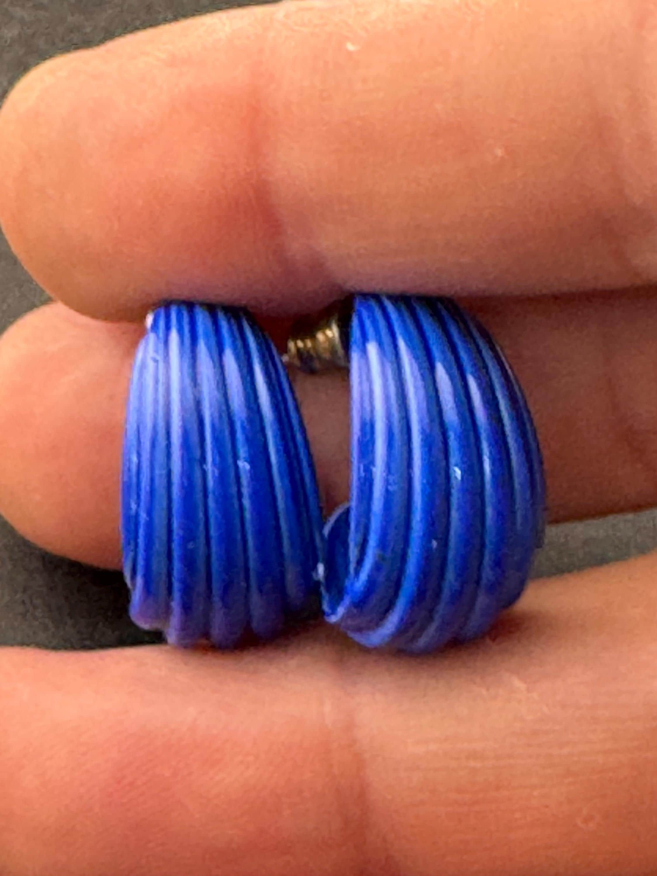1980s Gold Tone Blue Enamel Half Hoop Earrings
