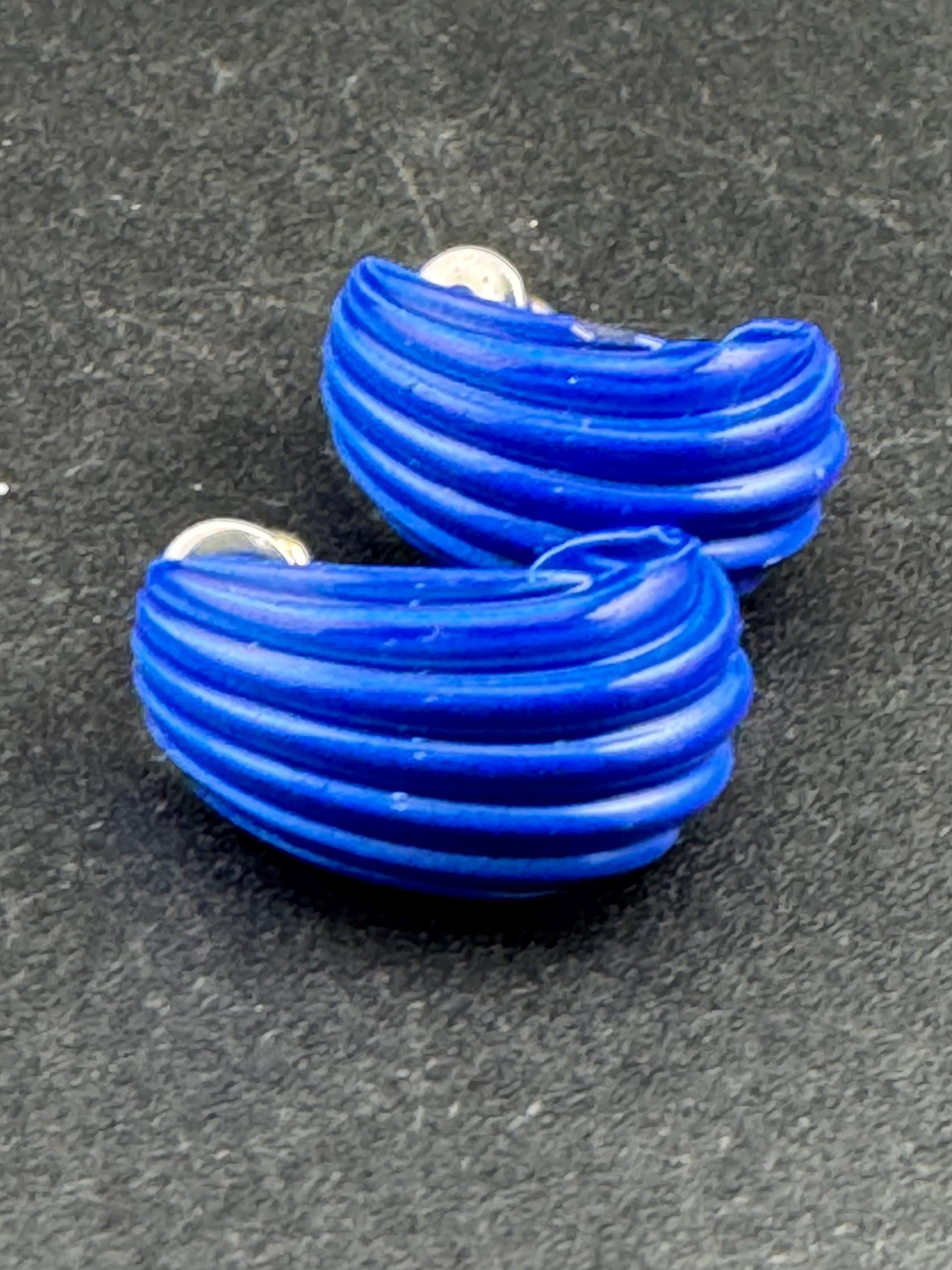 1980s Gold Tone Blue Enamel Half Hoop Earrings