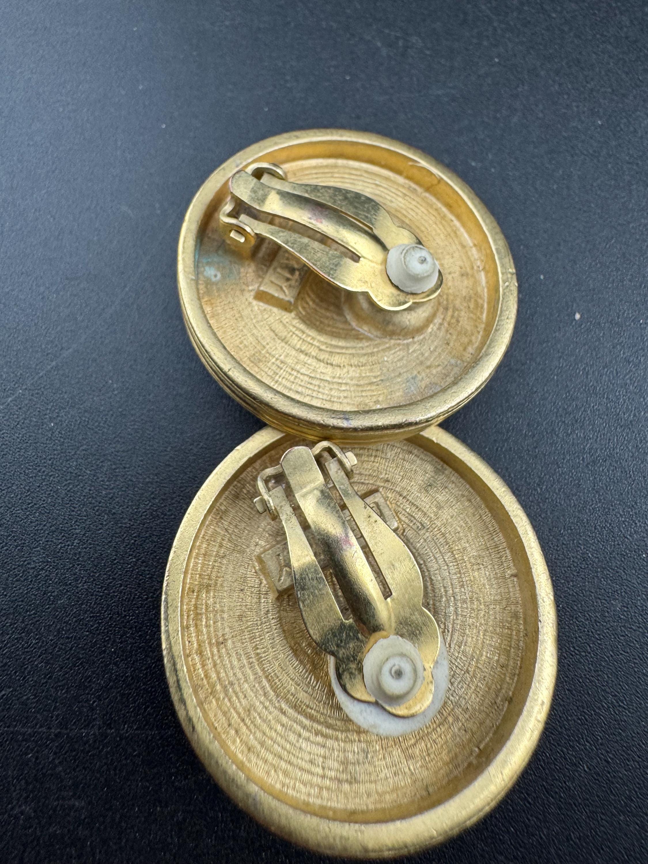 Signed Liberty Clip On Earrings: Dark Olive Green Openwork Discs