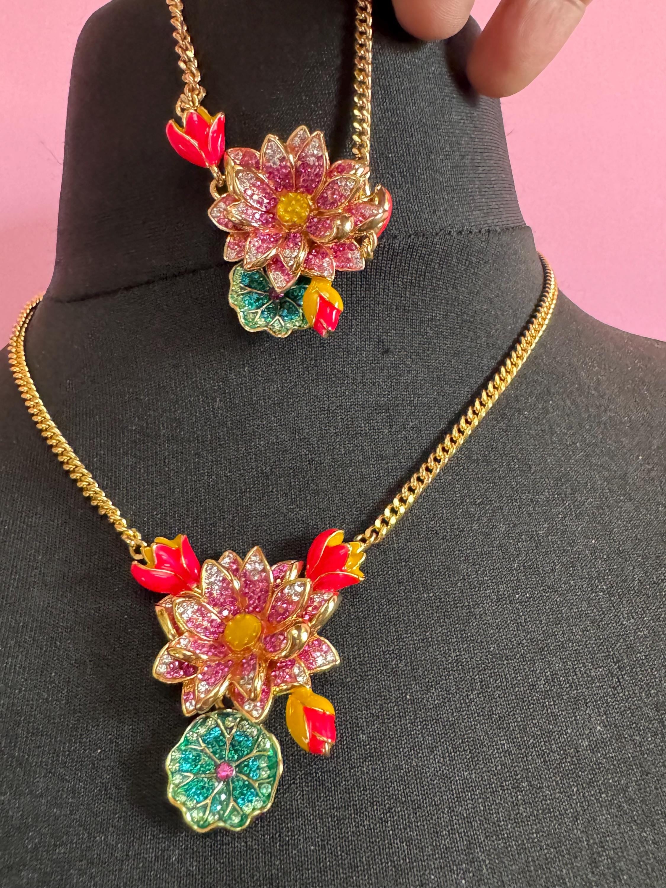 1990s Butler and Wilson Rhinestone Jewelry Set: Pink & Yellow Enamel