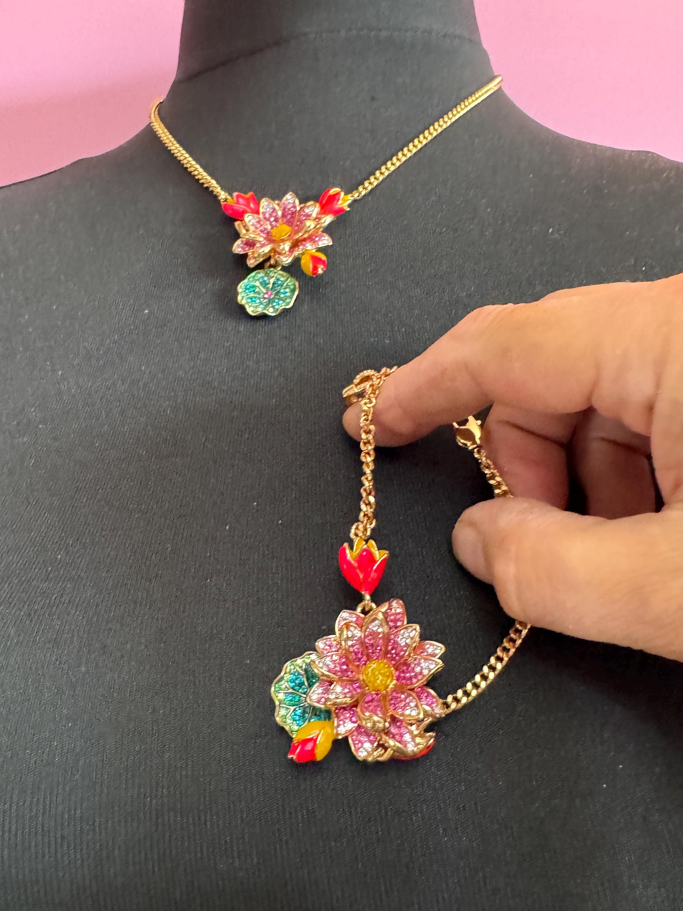 1990s Butler and Wilson Rhinestone Jewelry Set: Pink & Yellow Enamel