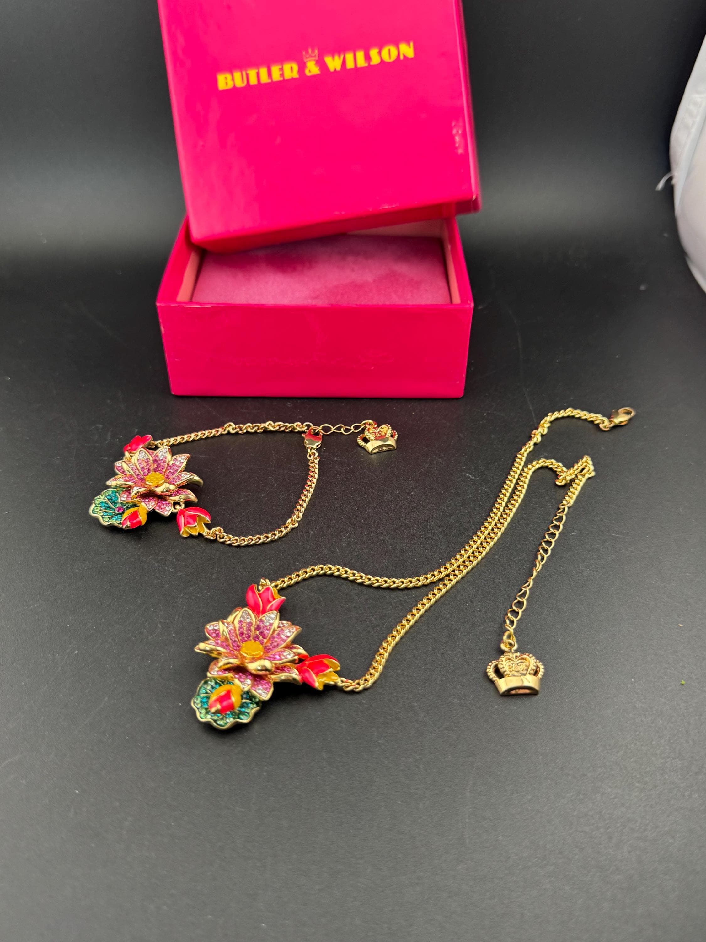 1990s Butler and Wilson Rhinestone Jewelry Set: Pink & Yellow Enamel