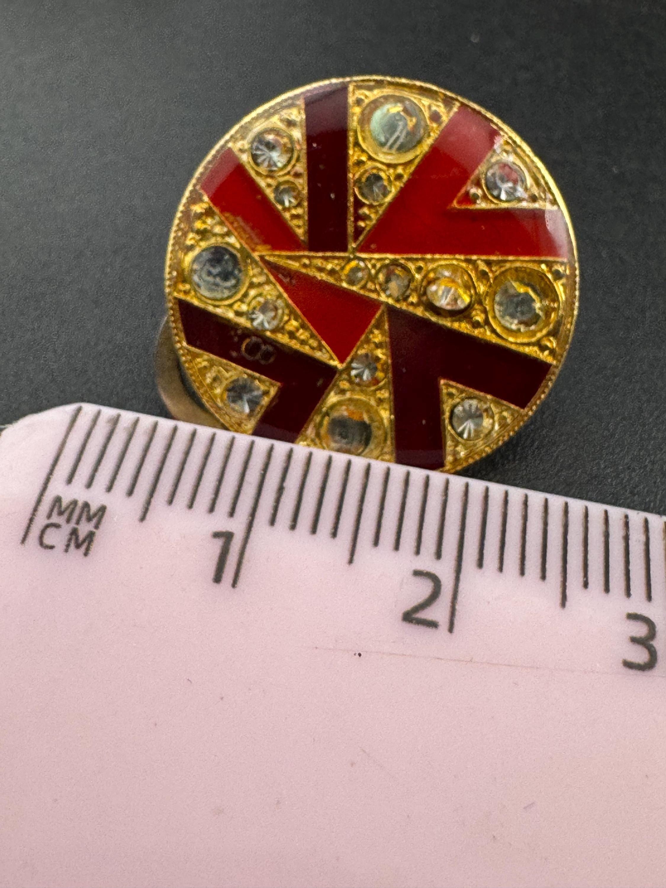 Art Deco Style Clip On Earrings: Gold & Red Button Studs