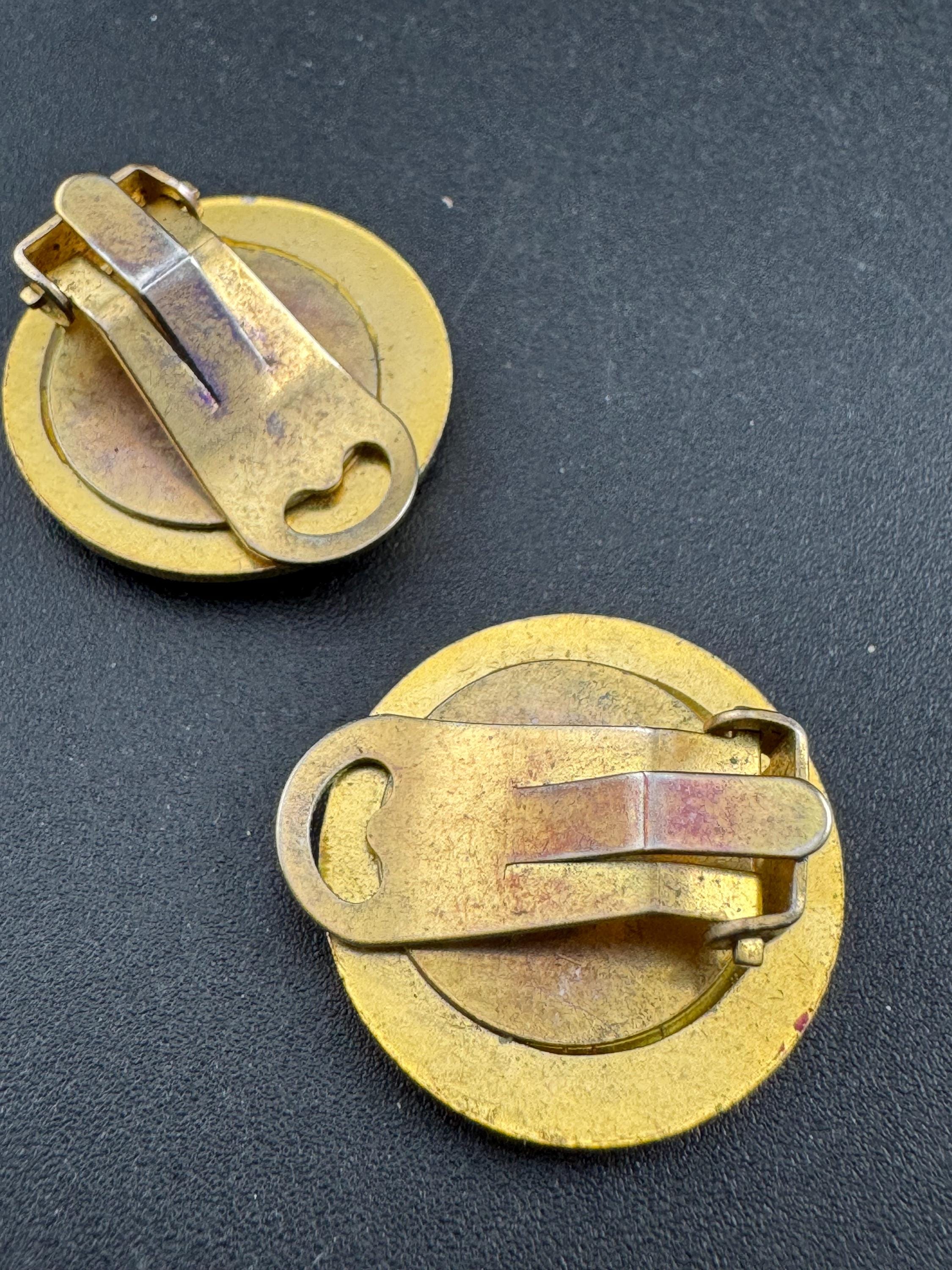 Art Deco Style Clip On Earrings: Gold & Red Button Studs