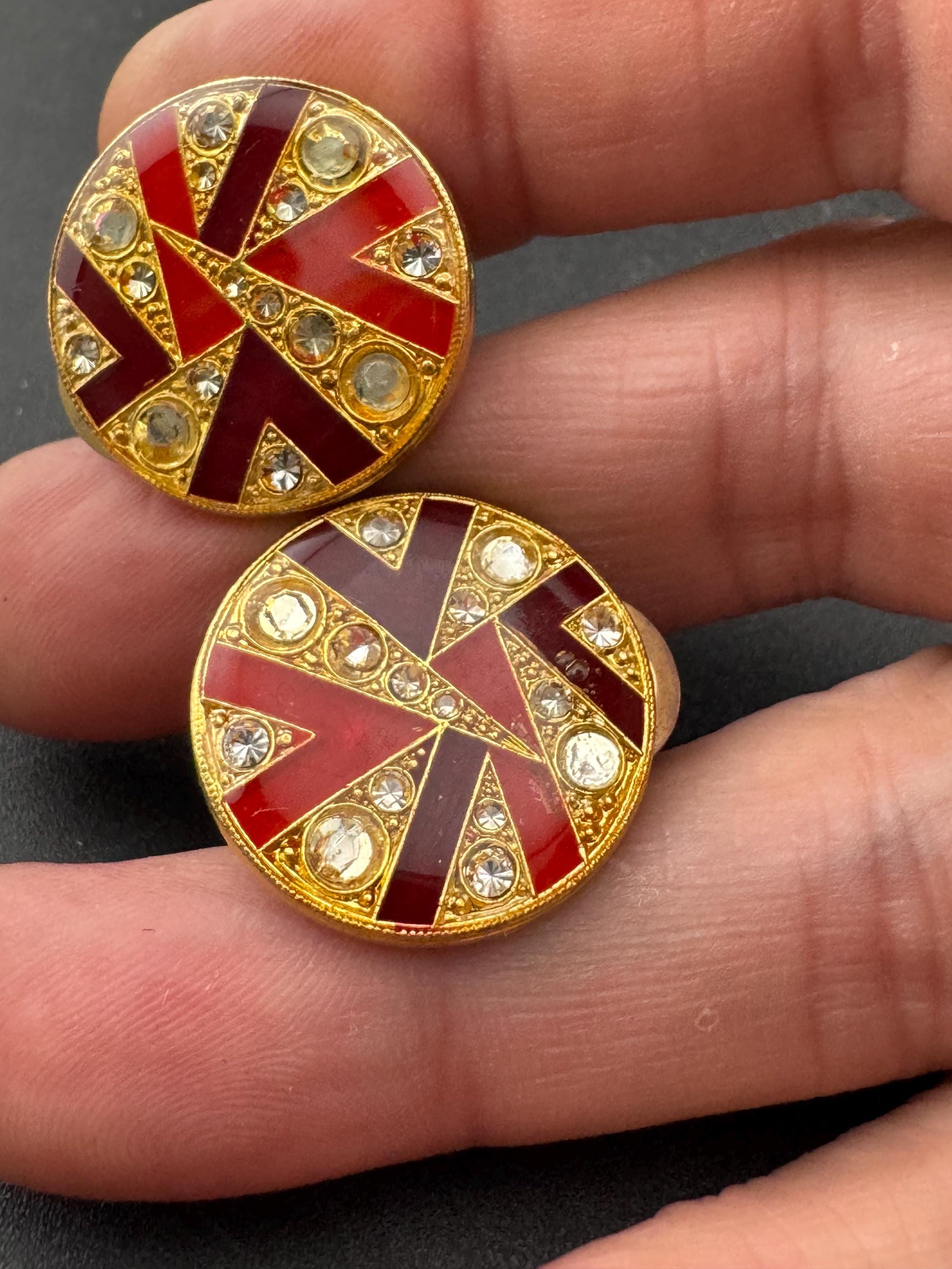 Art Deco Style Clip On Earrings: Gold & Red Button Studs