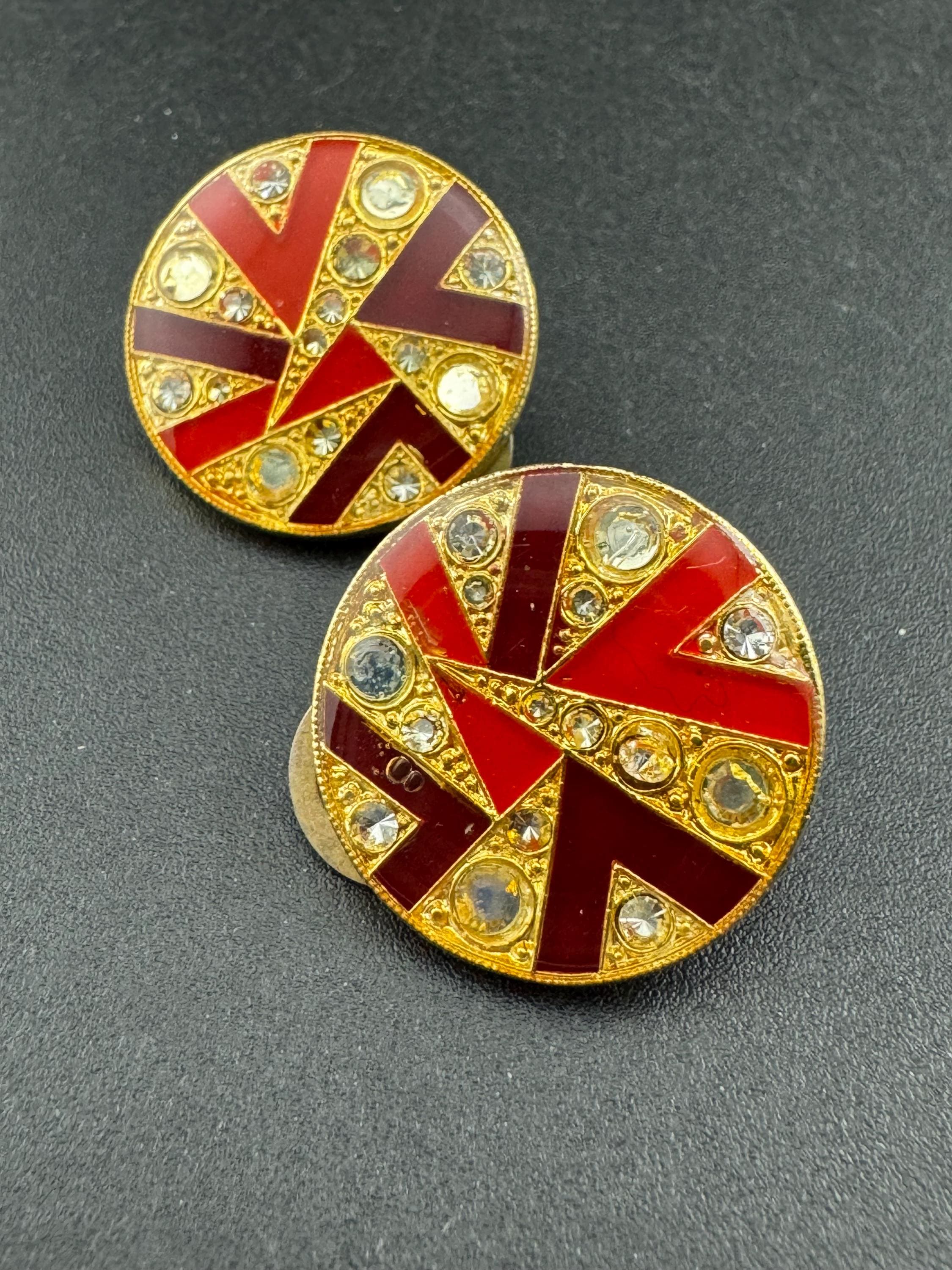 Art Deco Style Clip On Earrings: Gold & Red Button Studs