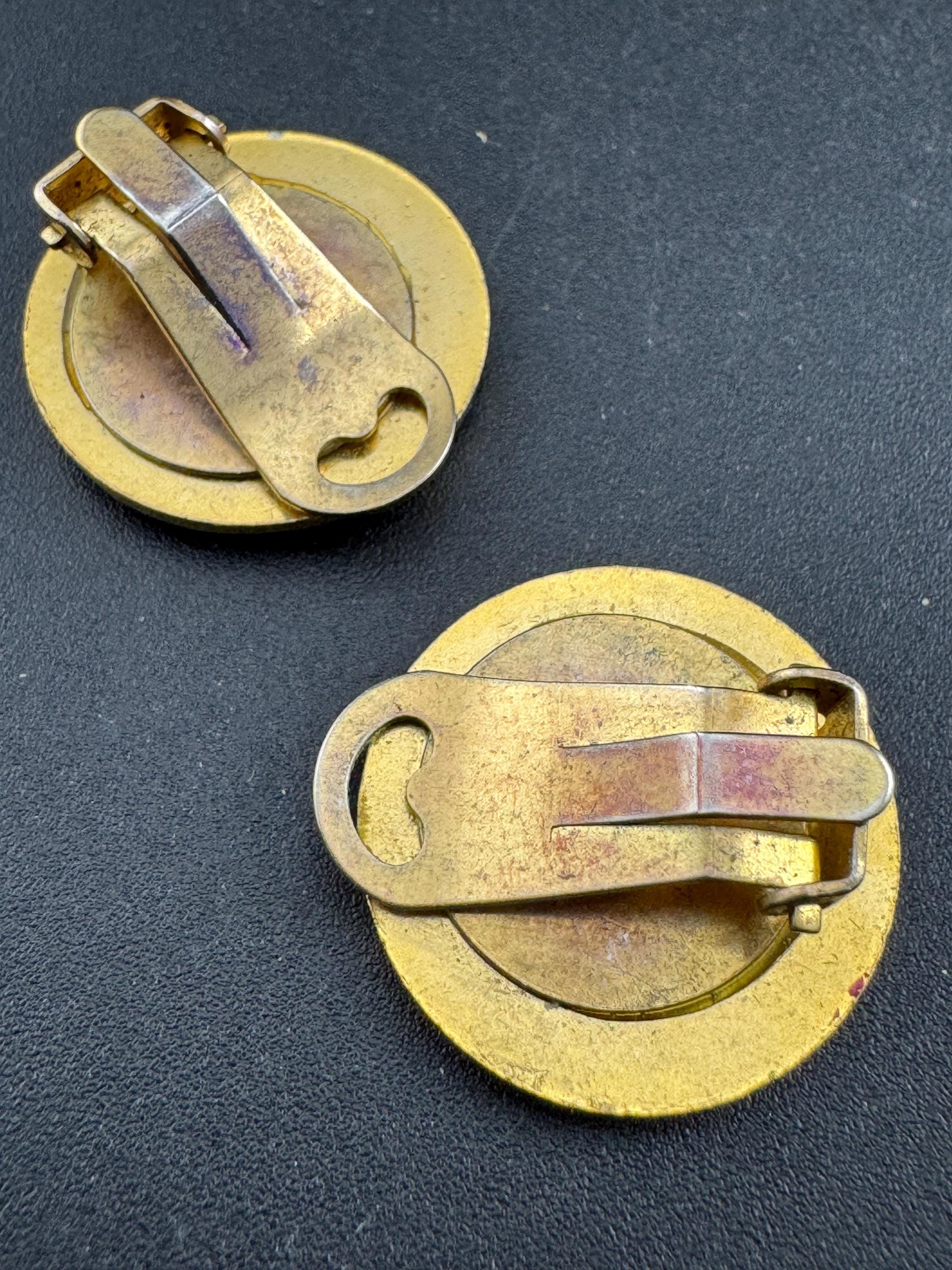 Art Deco Style Clip On Earrings: Gold & Red Button Studs