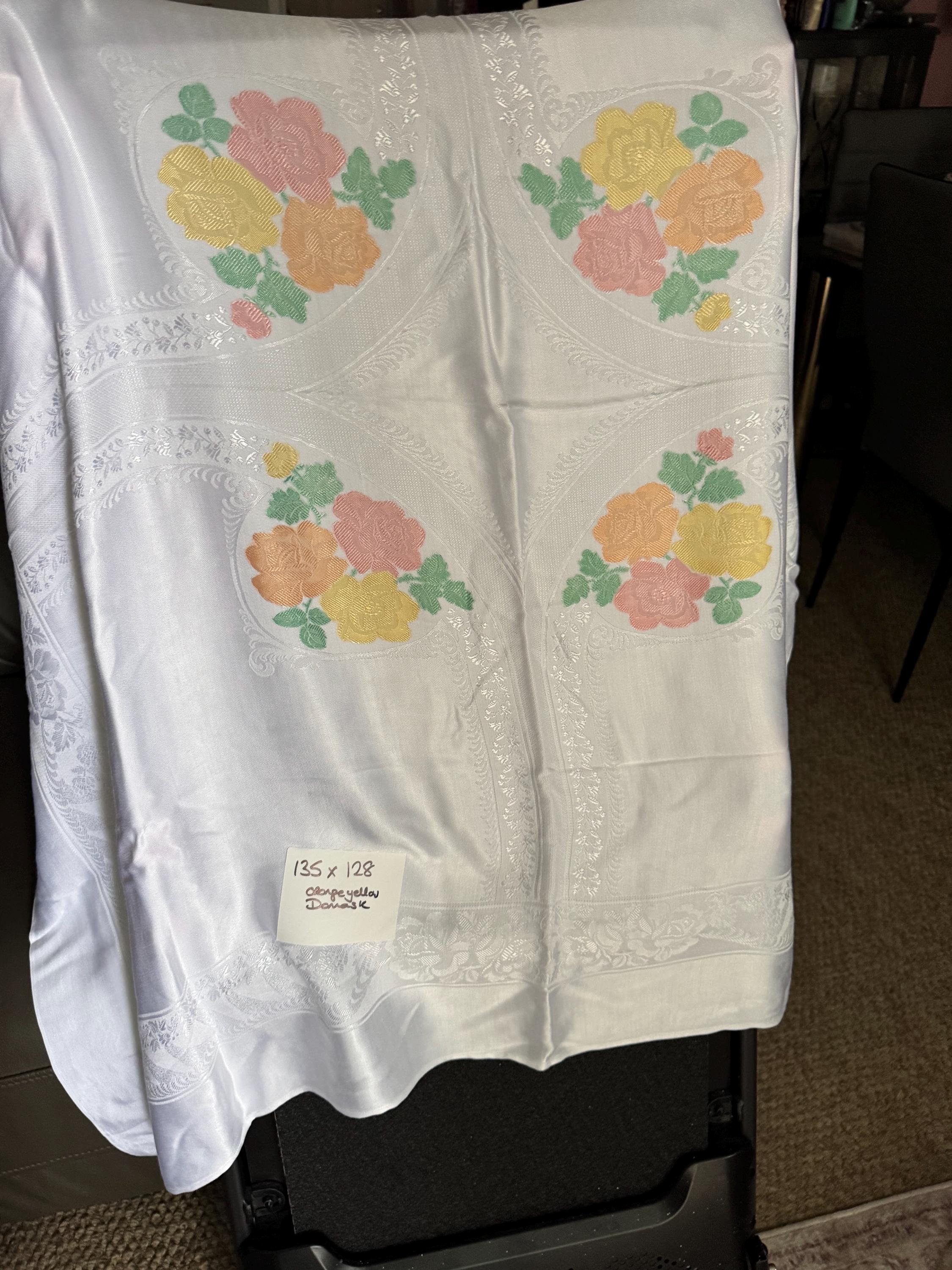 Large 135 x 128cm near square Vintage white with Red Orange yellow printed flowers , floral damask tablecloth