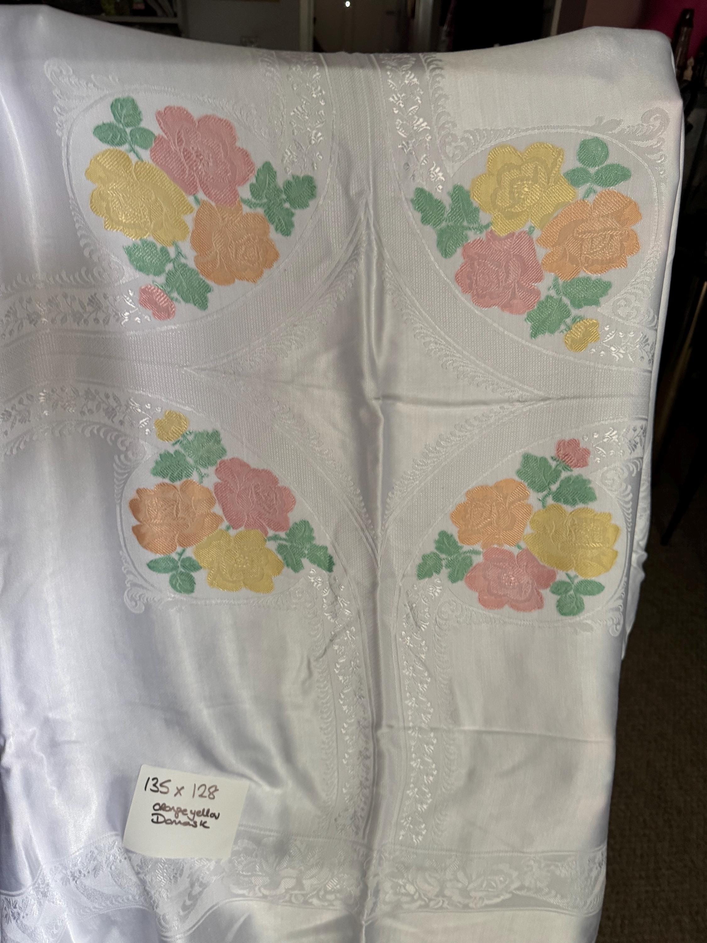 Large 135 x 128cm near square Vintage white with Red Orange yellow printed flowers , floral damask tablecloth