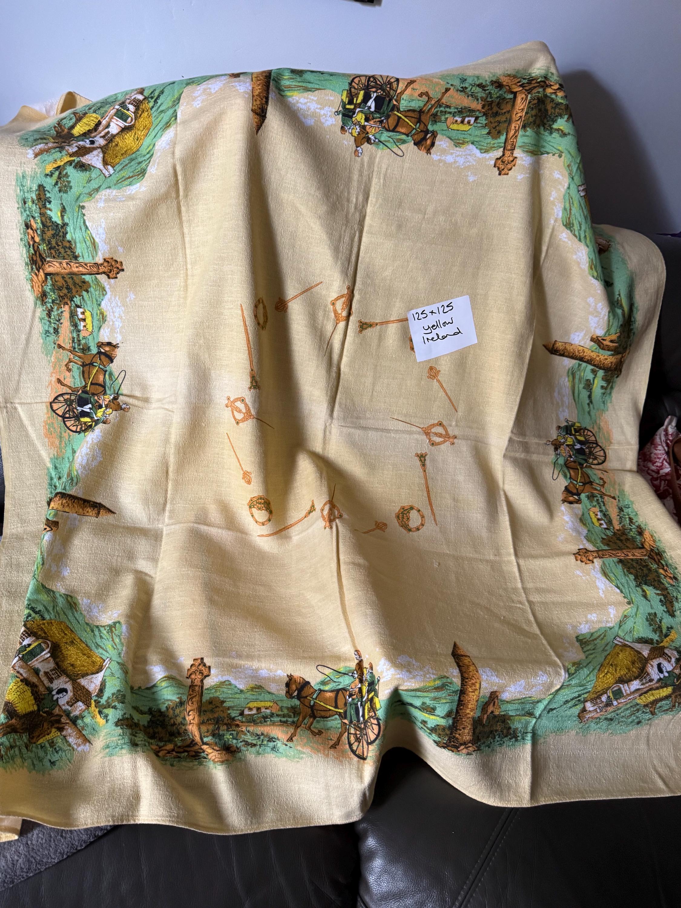 Vintage Irish country cottage scenes large tablecloth 126 cm square weighty fabric , Ireland tearooms