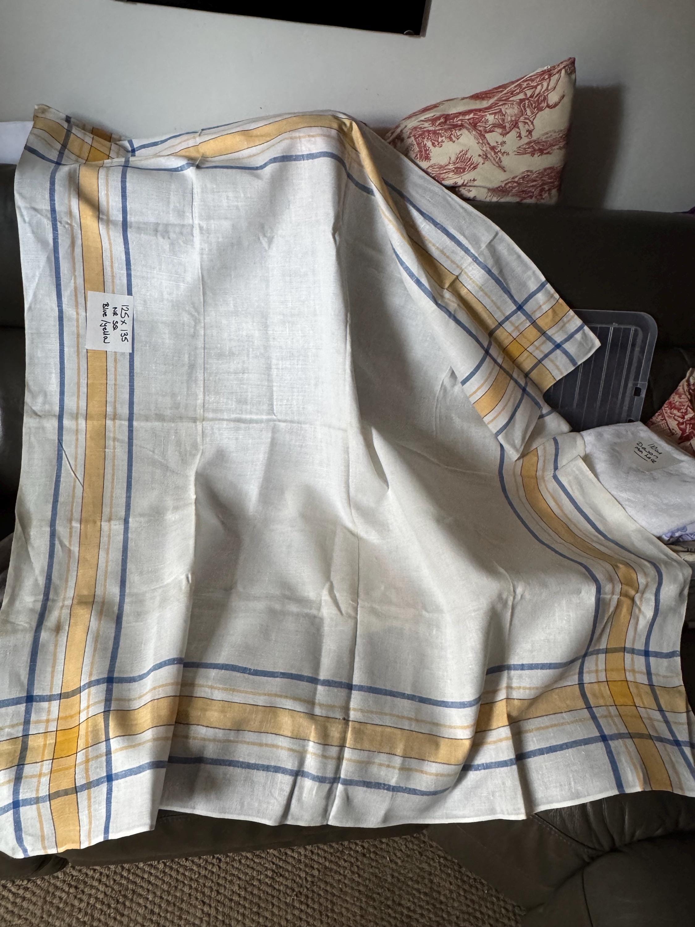 Large 135 x 125cm” near square off white with blue and yellow geometric stripes and check large printed tablecloth