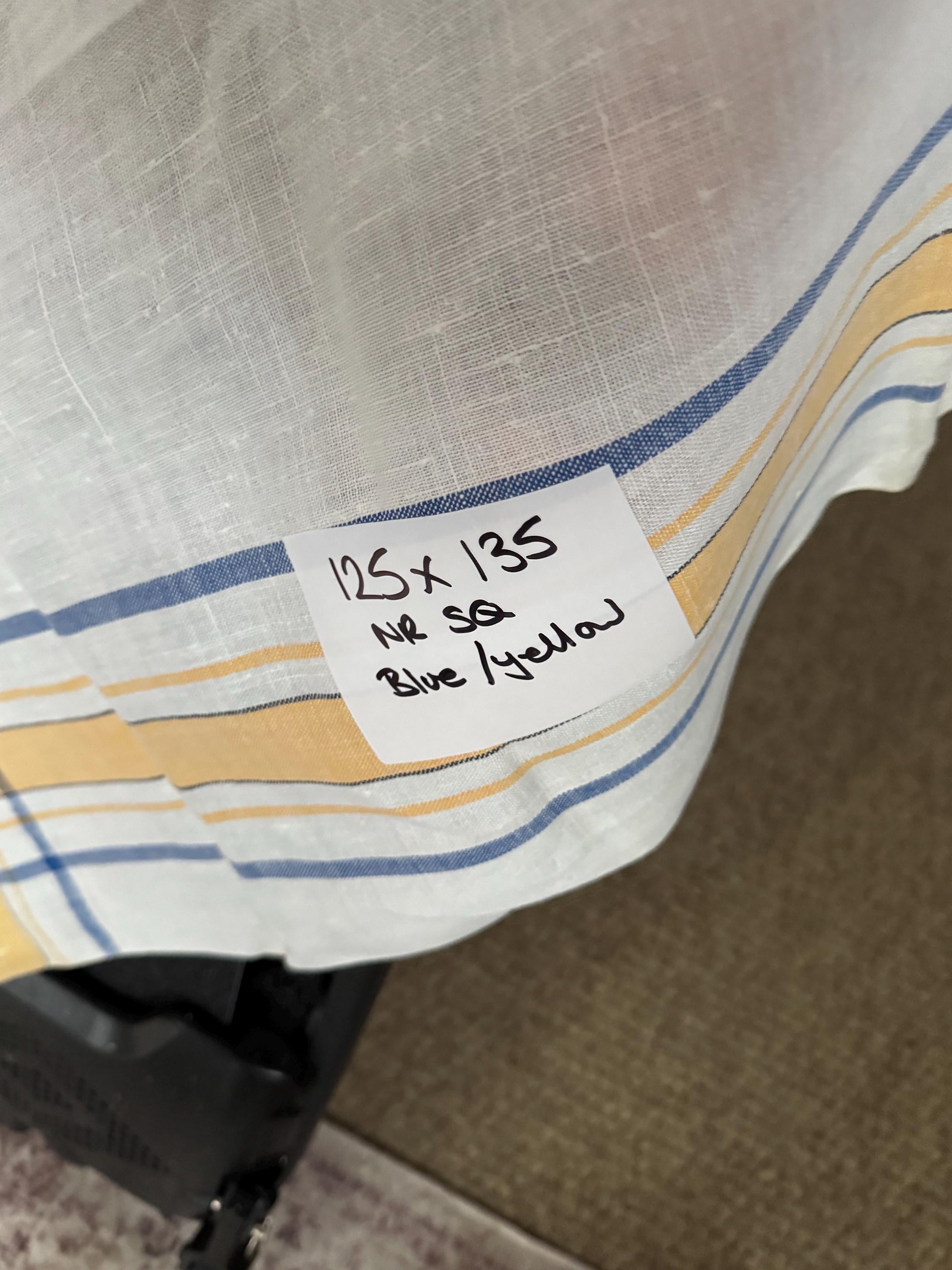 Large 135 x 125cm” near square off white with blue and yellow geometric stripes and check large printed tablecloth