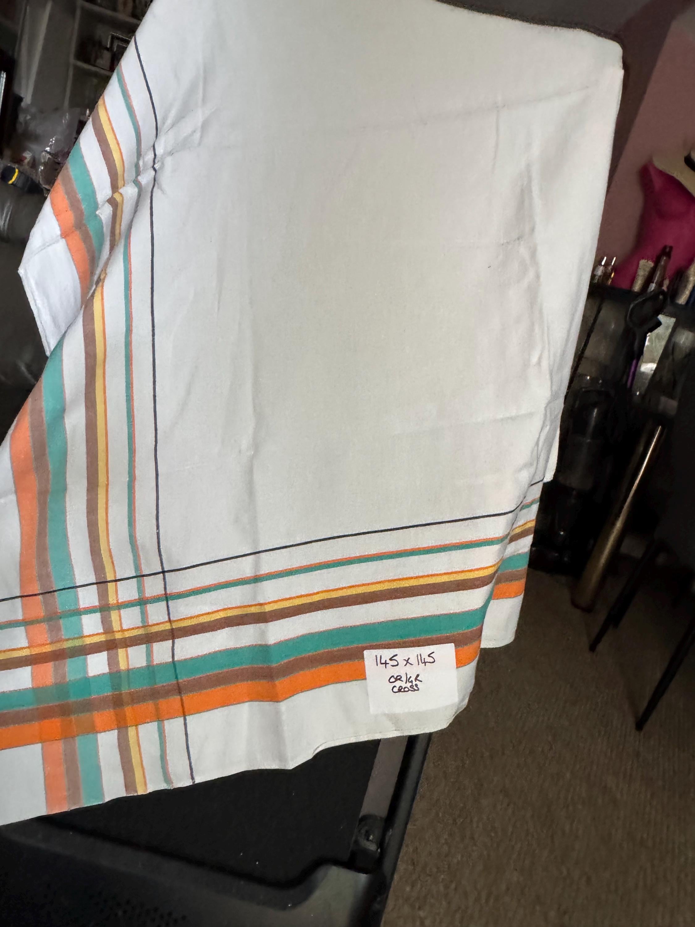 Large 145cm near square off white with orange brown green and yellow geometric stripes and check large printed tablecloth
