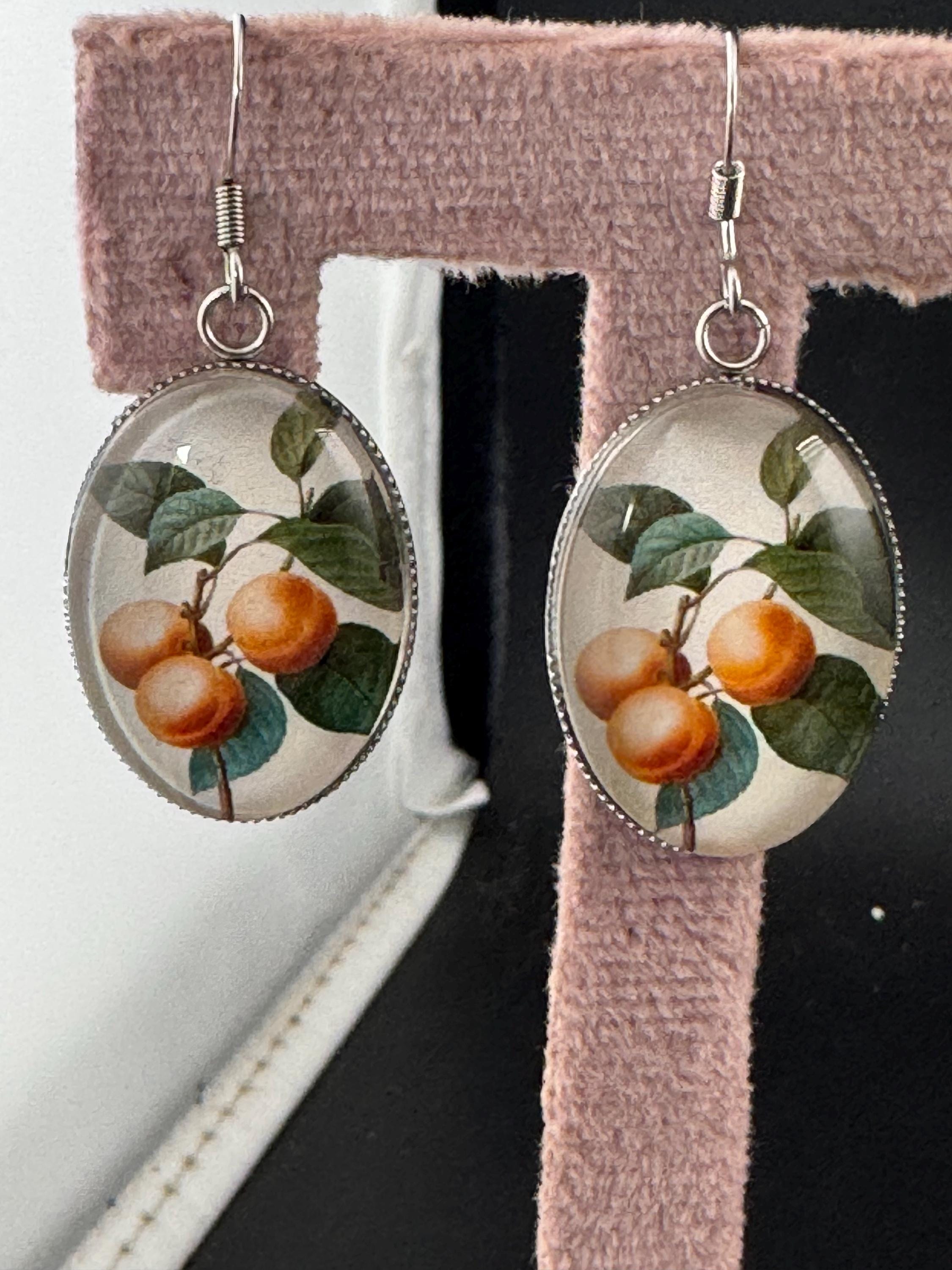Peaches nectarines Spring garden oval glass cabochon fruit earrings, stainless steel, non tarnish earwires and fittings