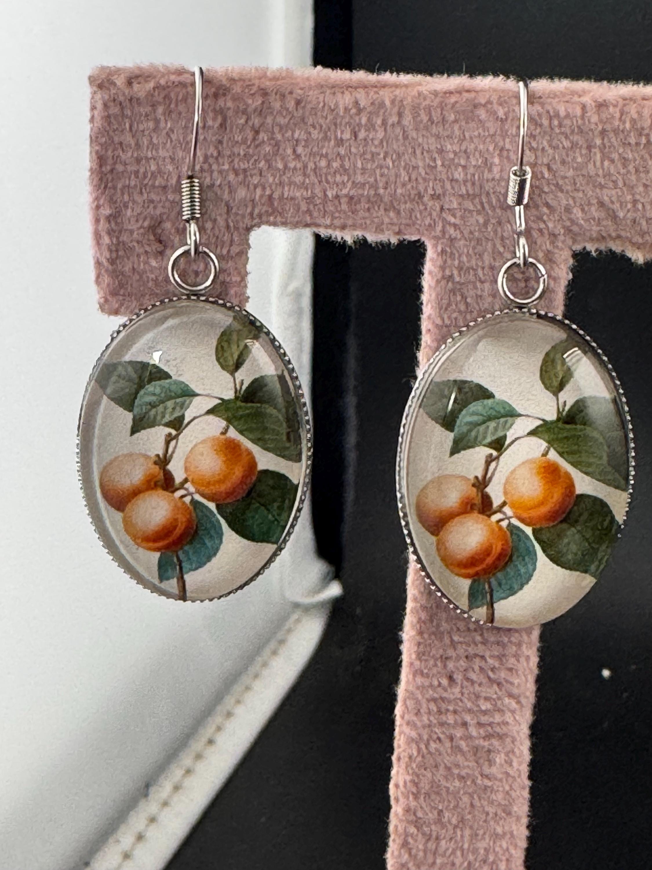 Peaches nectarines Spring garden oval glass cabochon fruit earrings, stainless steel, non tarnish earwires and fittings