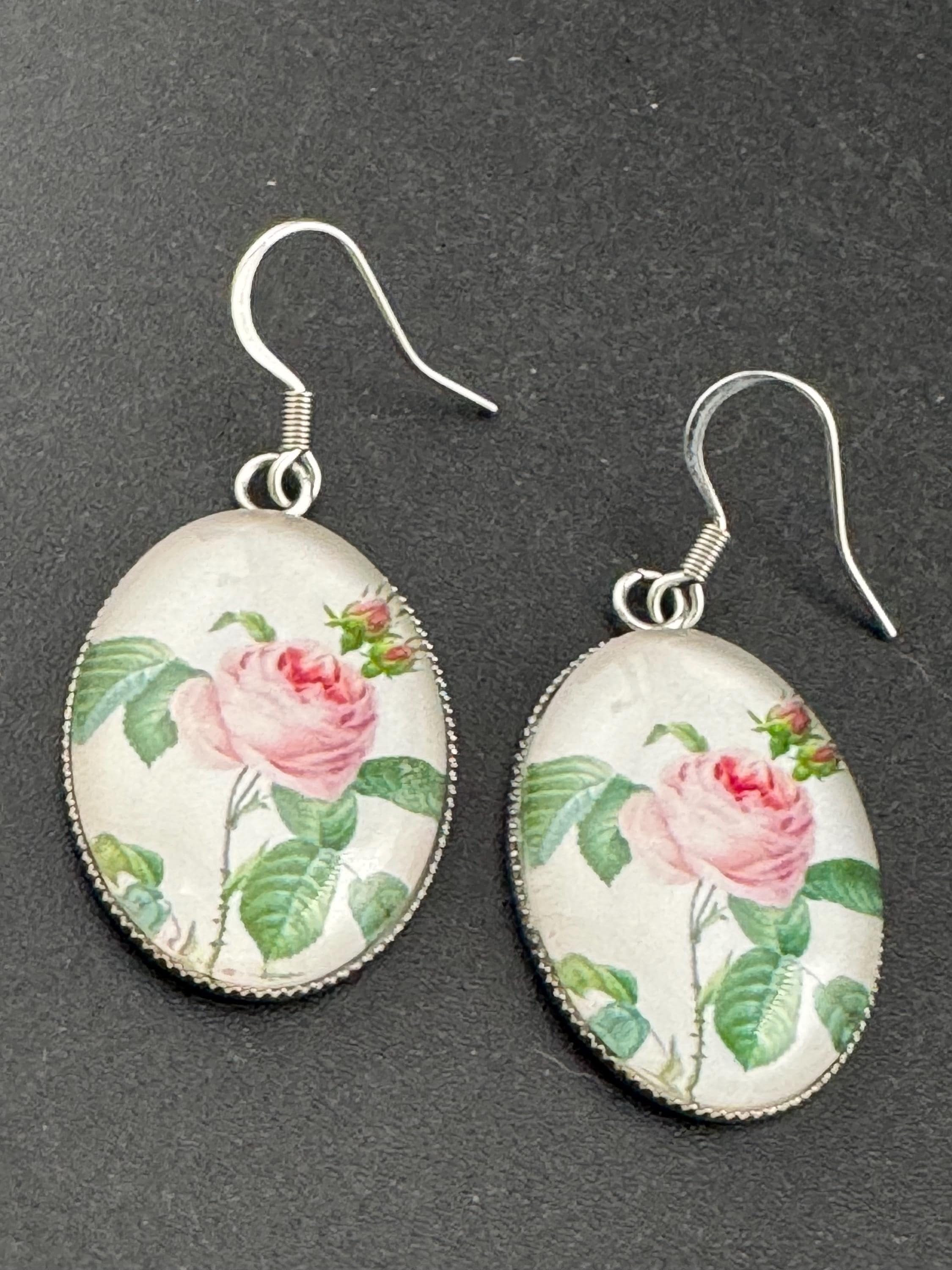 Pink roses garden flowers handmade oval glass cabochon earrings, stainless steel, non tarnish earwires and fittings, ideal spring summer