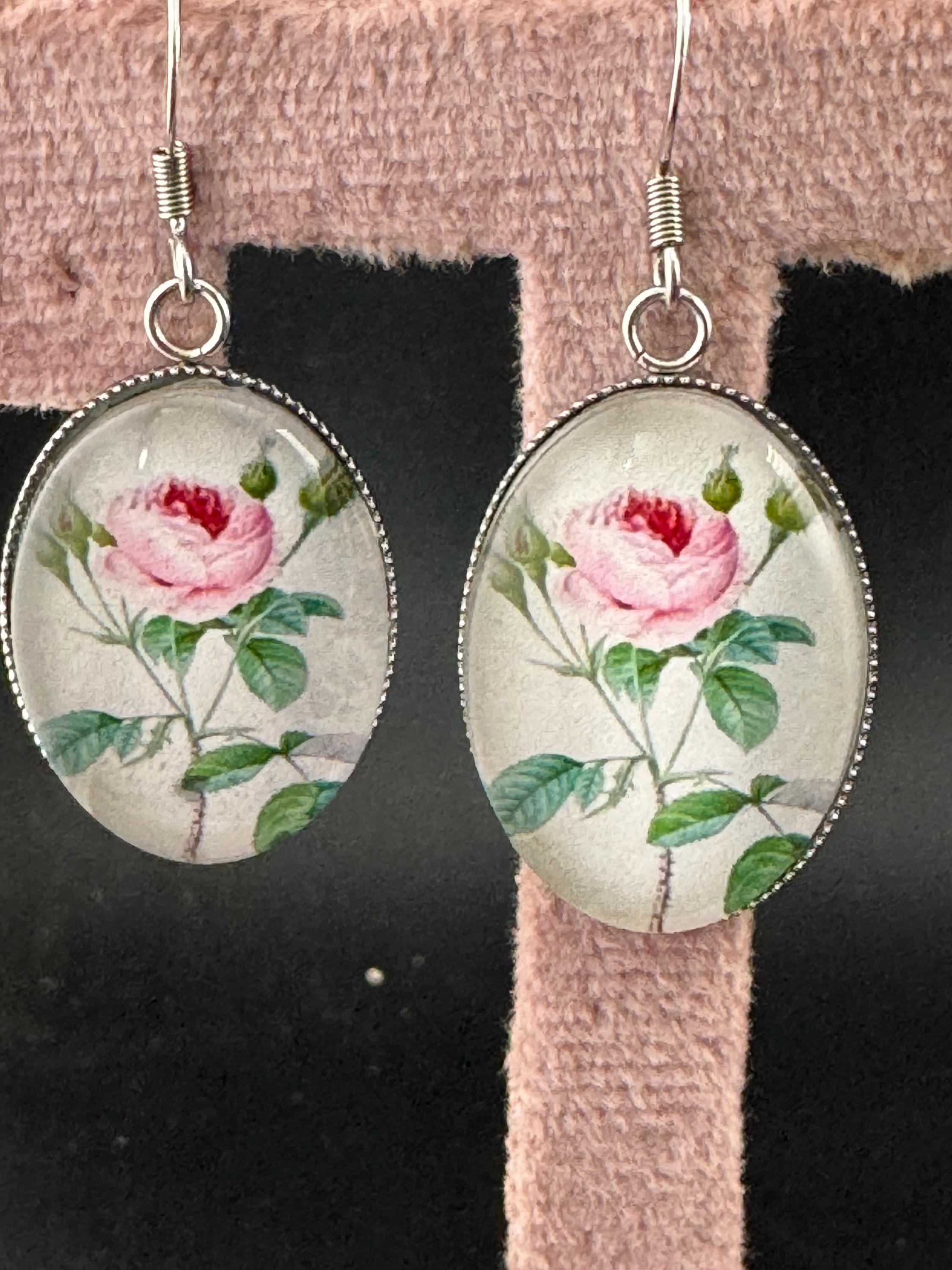 Pink roses garden flowers handmade oval glass cabochon earrings, stainless steel, non tarnish earwires and fittings, ideal spring summer