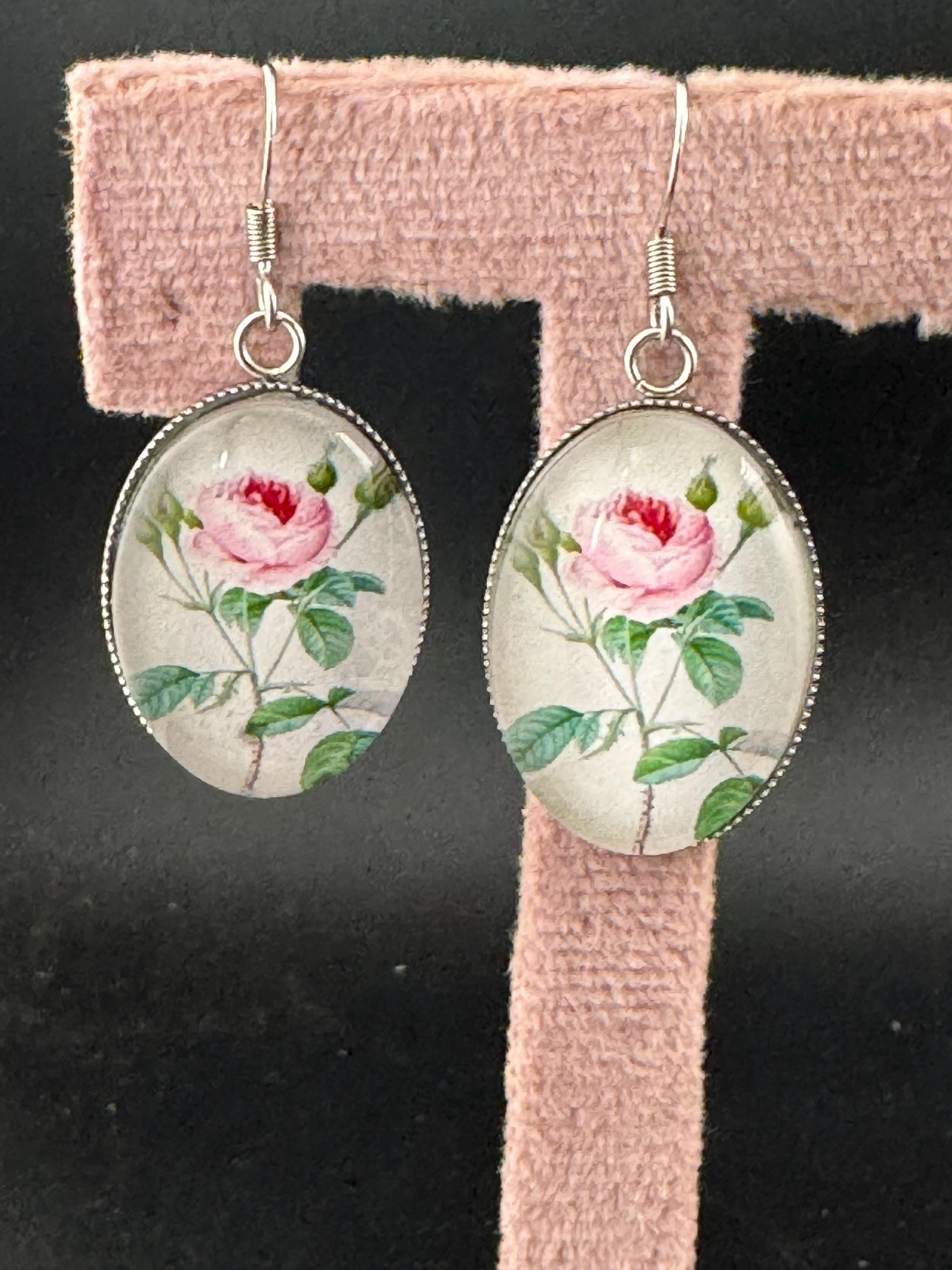 Pink roses garden flowers handmade oval glass cabochon earrings, stainless steel, non tarnish earwires and fittings, ideal spring summer