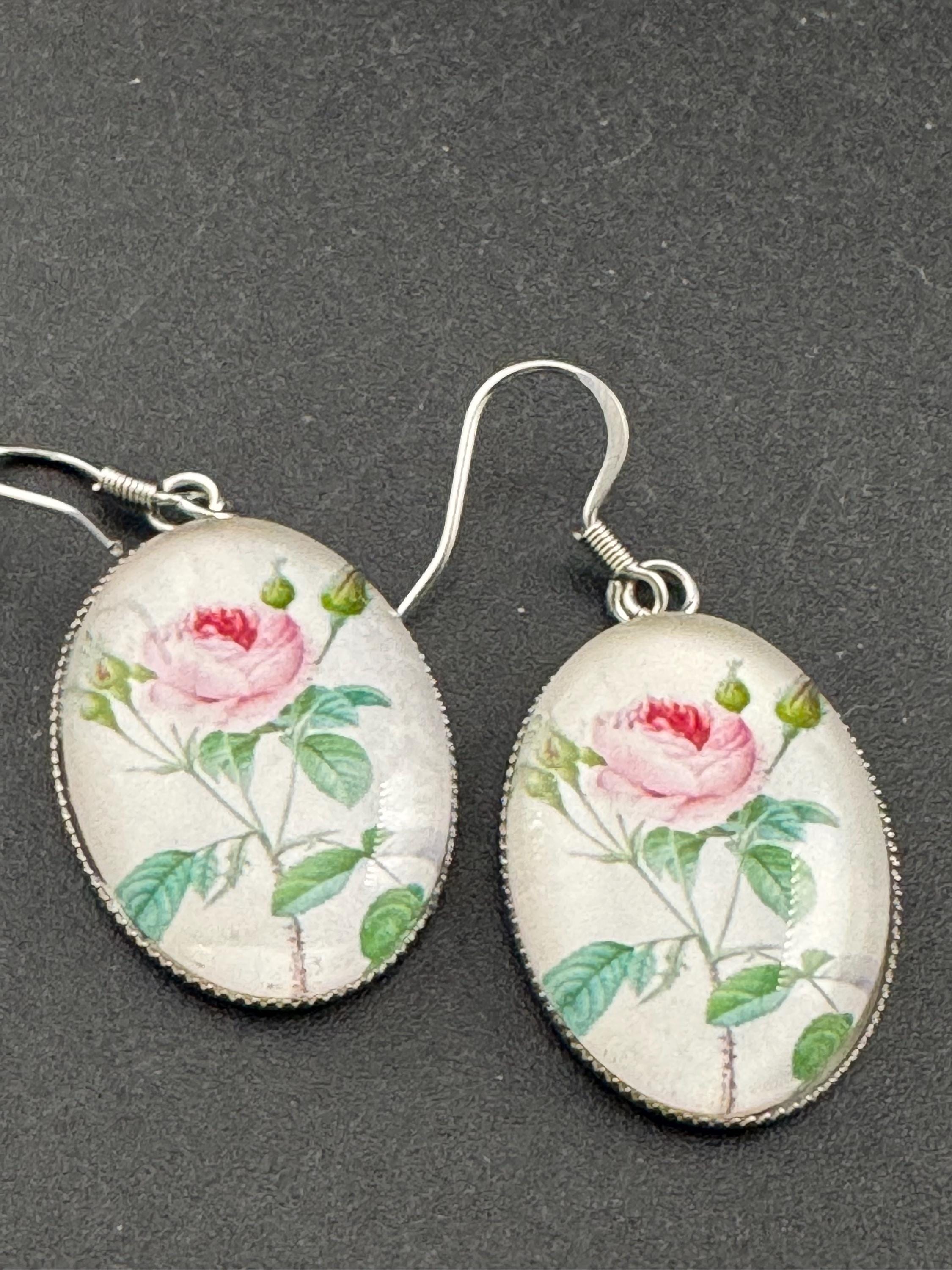 Pink roses garden flowers handmade oval glass cabochon earrings, stainless steel, non tarnish earwires and fittings, ideal spring summer