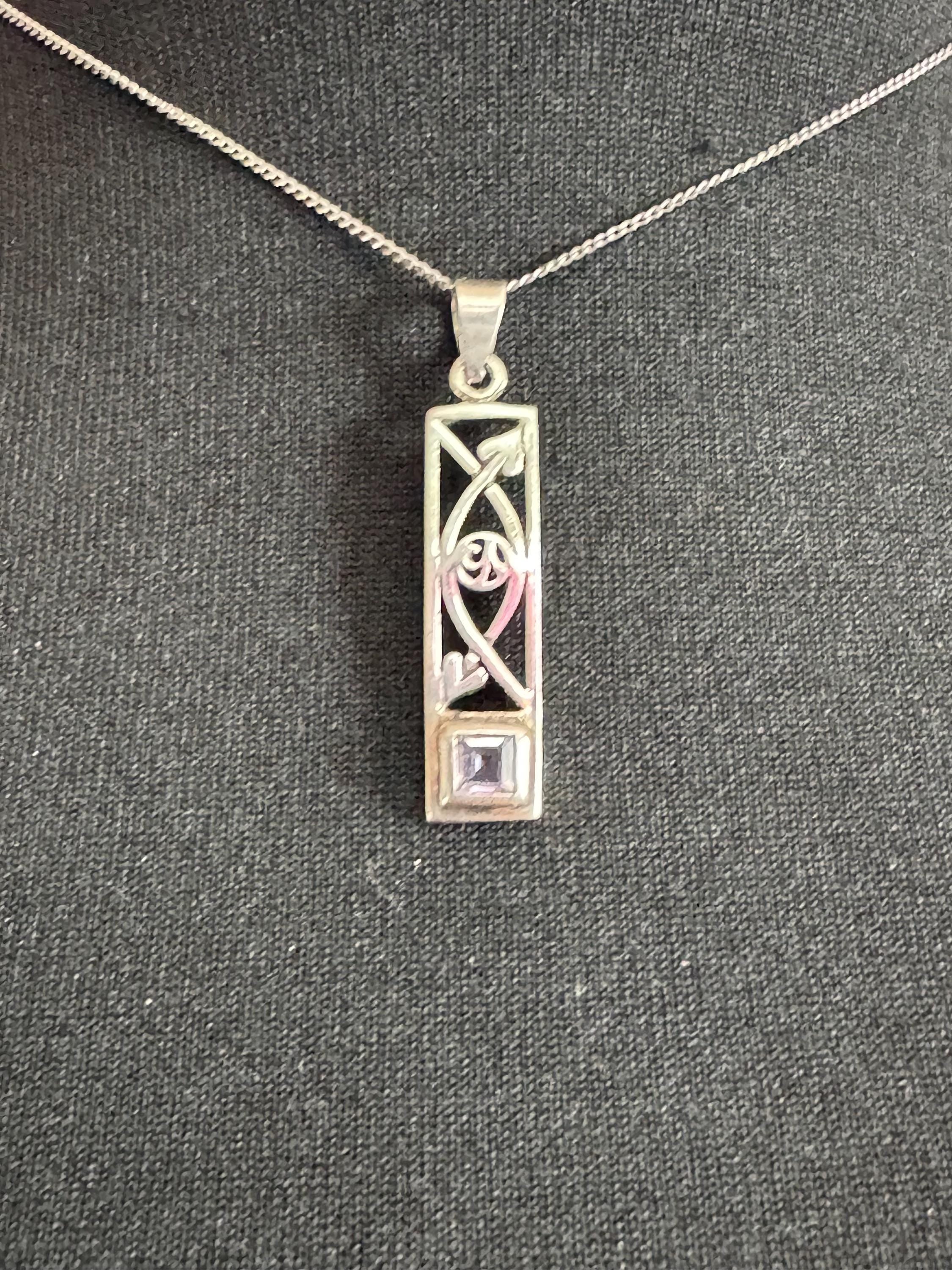 925 Silver and amethyst gem set pendant necklace Charles Rennie Mackintosh style, arts & crafts
