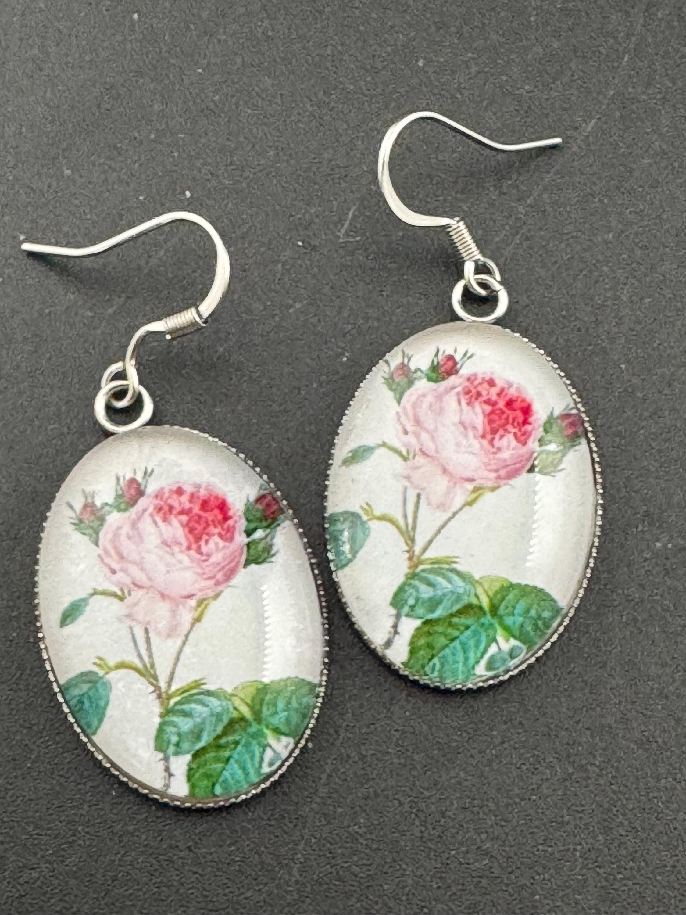 Pink roses garden flowers handmade oval glass cabochon earrings, stainless steel, non tarnish earwires and fittings, ideal spring summer