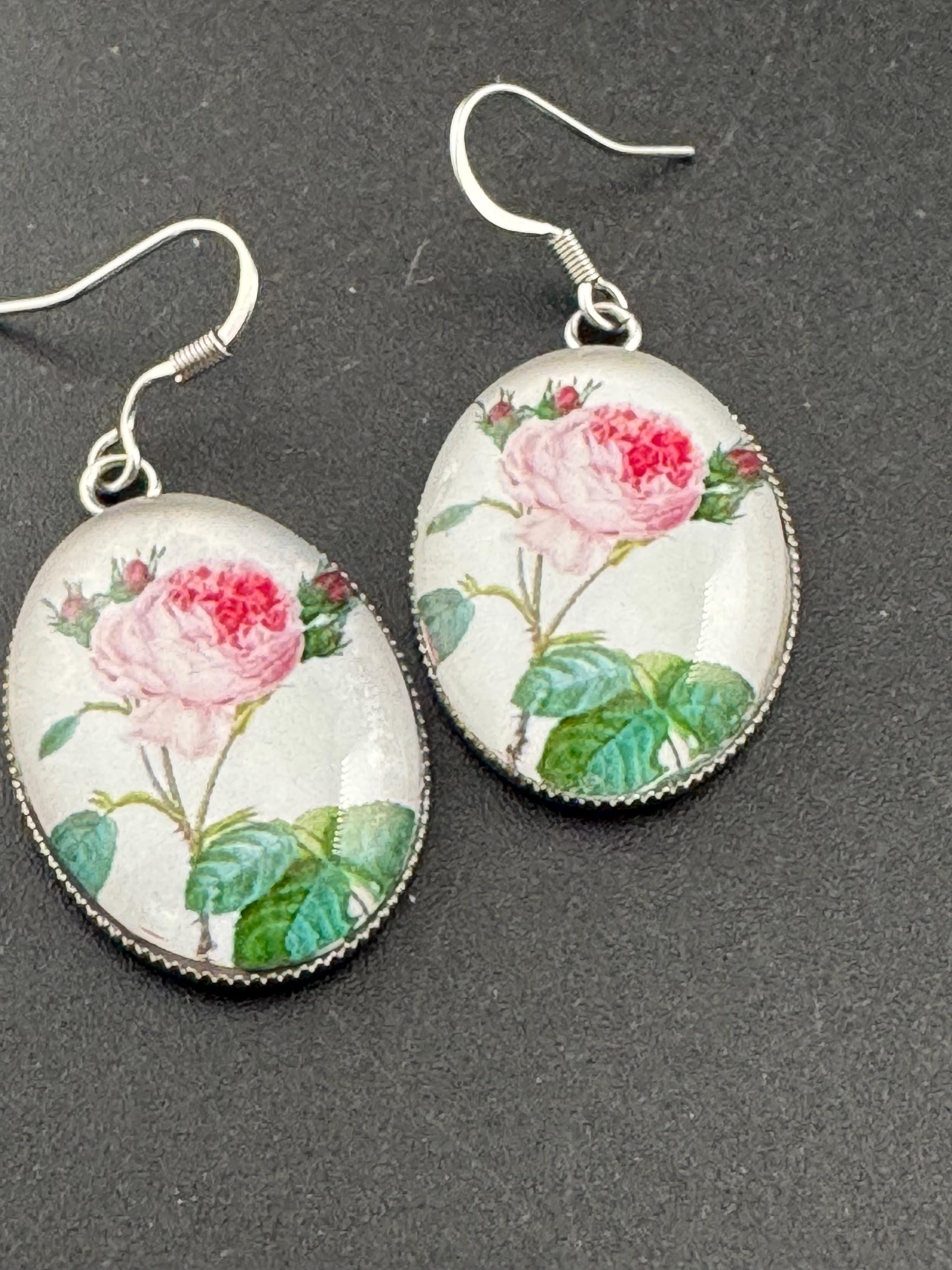 Pink roses garden flowers handmade oval glass cabochon earrings, stainless steel, non tarnish earwires and fittings, ideal spring summer