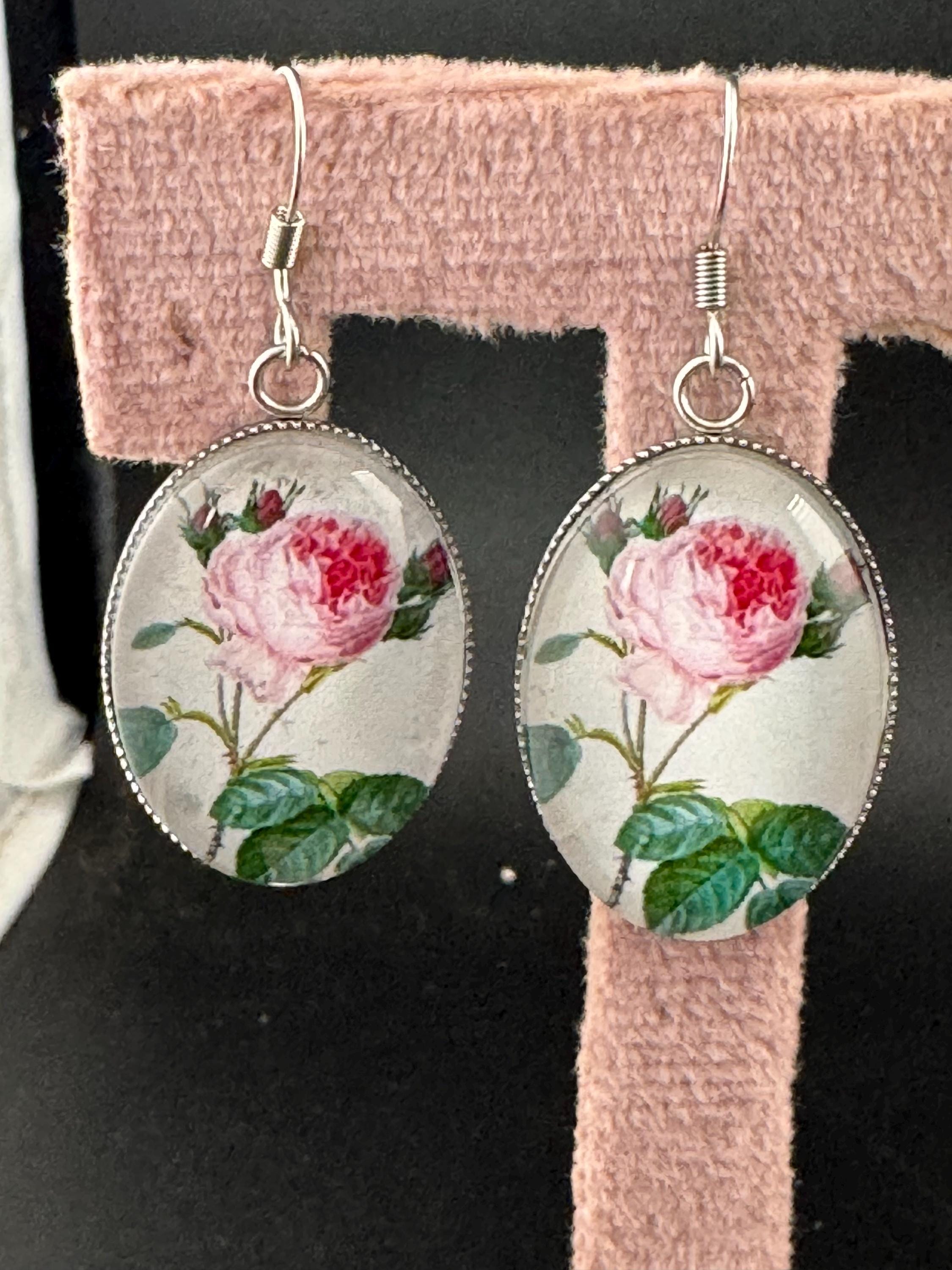 Pink roses garden flowers handmade oval glass cabochon earrings, stainless steel, non tarnish earwires and fittings, ideal spring summer
