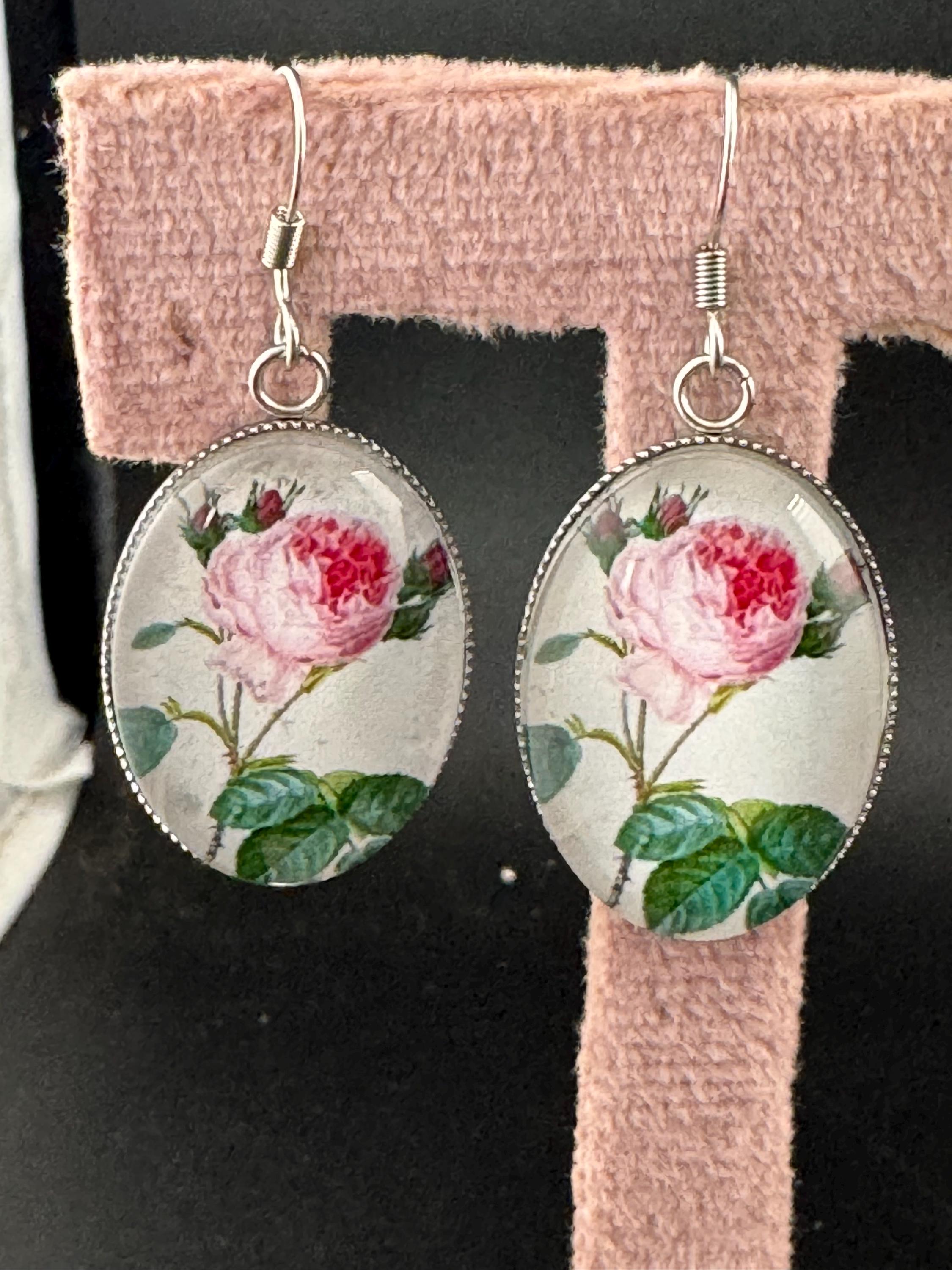 Pink roses garden flowers handmade oval glass cabochon earrings, stainless steel, non tarnish earwires and fittings, ideal spring summer