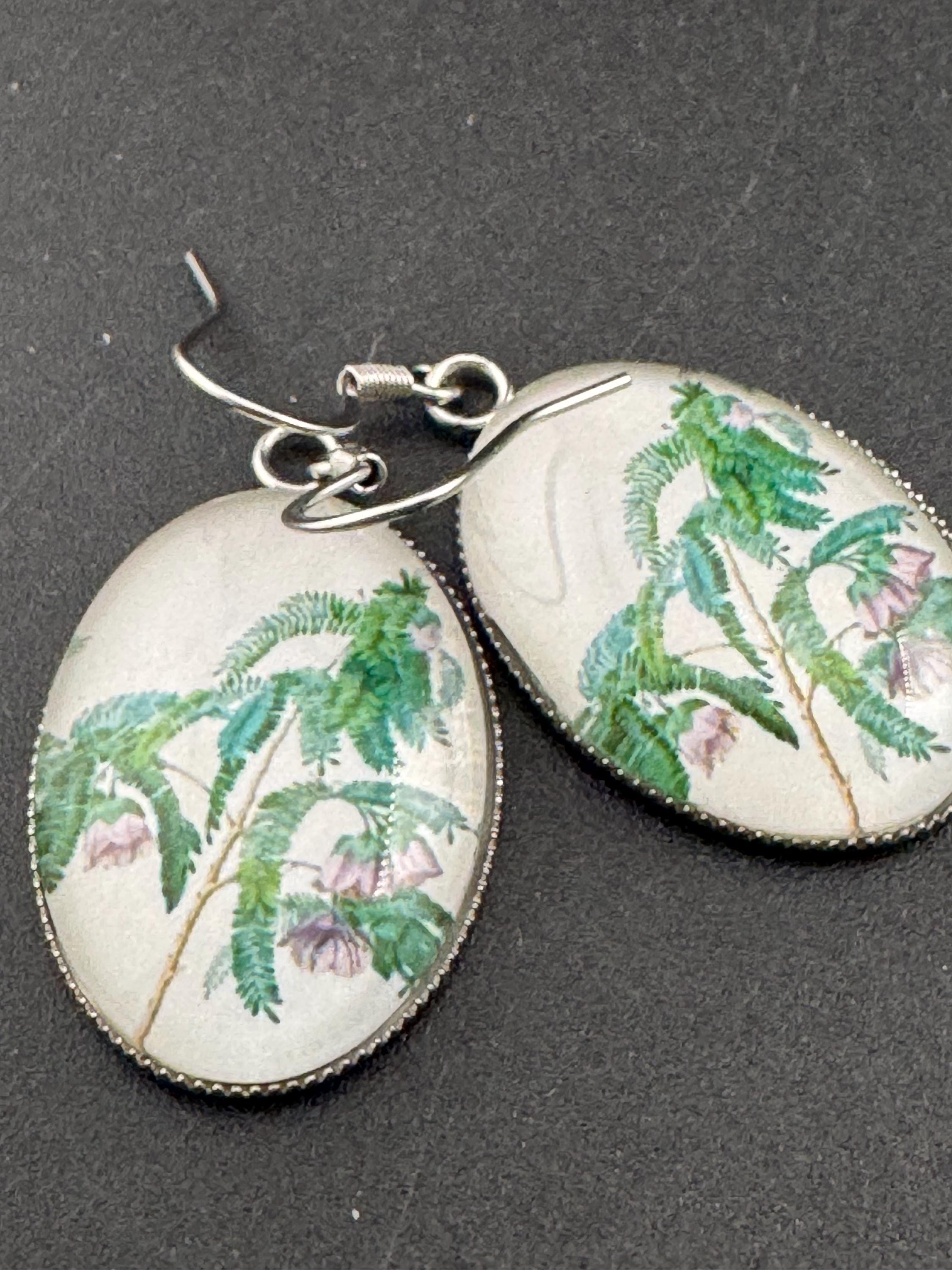 Green foliage garden flowers handmade oval glass cabochon earrings, stainless steel, non tarnish earwires and fittings, ideal spring summer