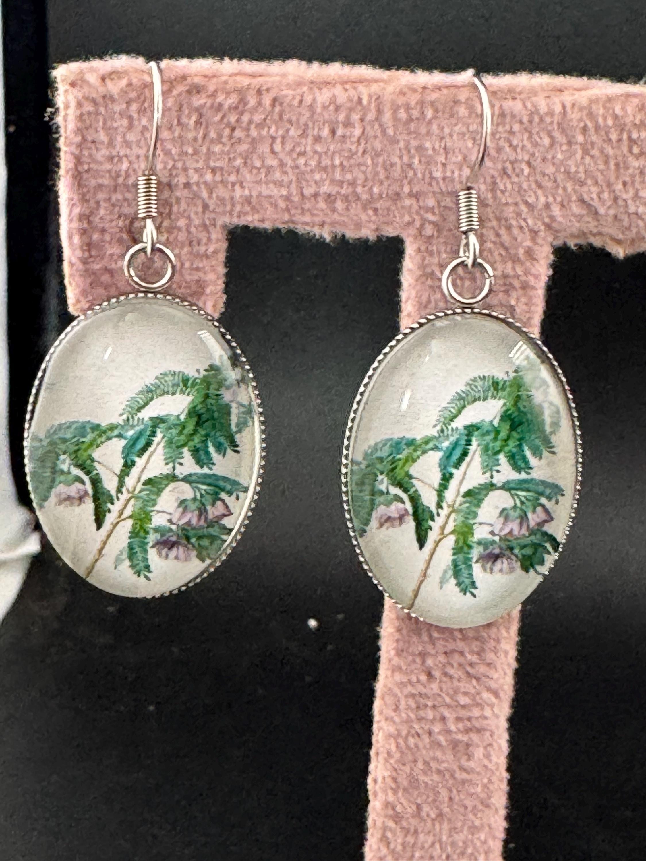 Green foliage garden flowers handmade oval glass cabochon earrings, stainless steel, non tarnish earwires and fittings, ideal spring summer