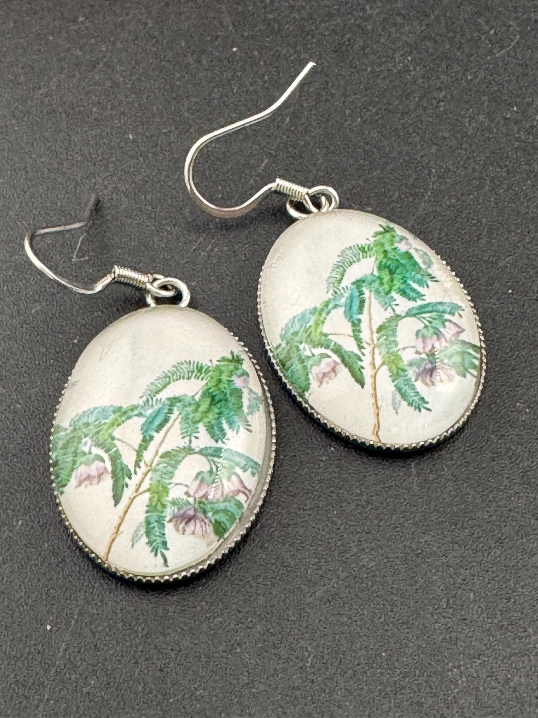 Green foliage garden flowers handmade oval glass cabochon earrings, stainless steel, non tarnish earwires and fittings, ideal spring summer