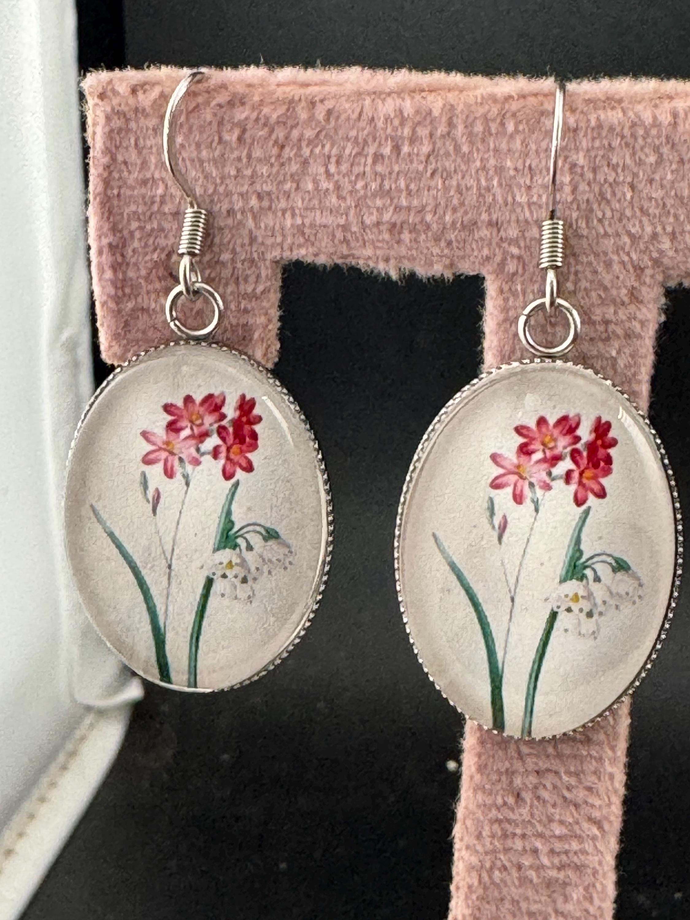 Pink and red garden flowers handmade oval glass cabochon earrings, stainless steel, non tarnish earwires and fittings, ideal spring summer